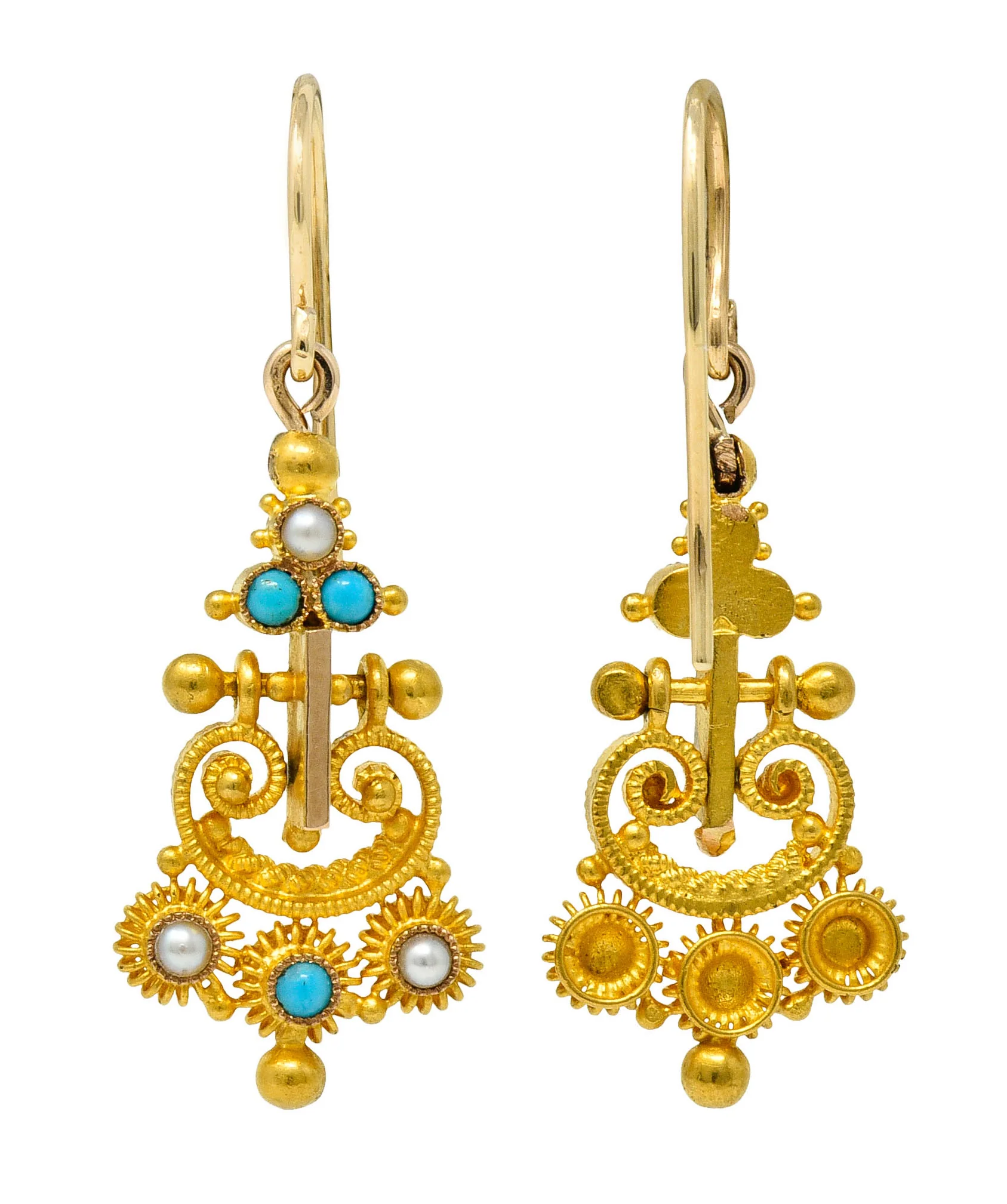 Victorian Etruscan Revival Turquoise Pearl 18 Karat Gold Drop Earrings - Image 5