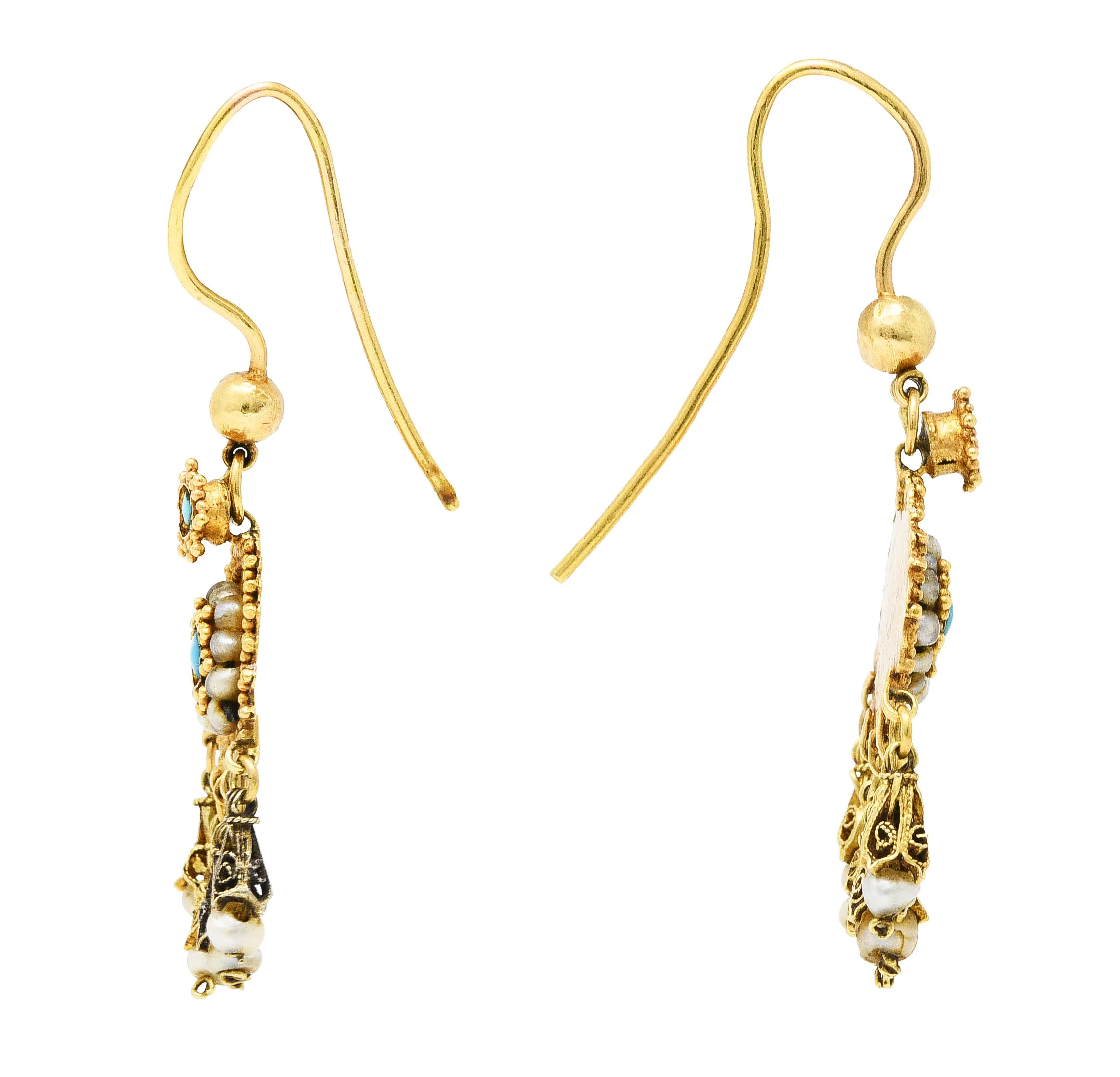 Victorian Etruscan Revival Turquoise Pearl 18 Karat Gold Drop Earrings - Image 2