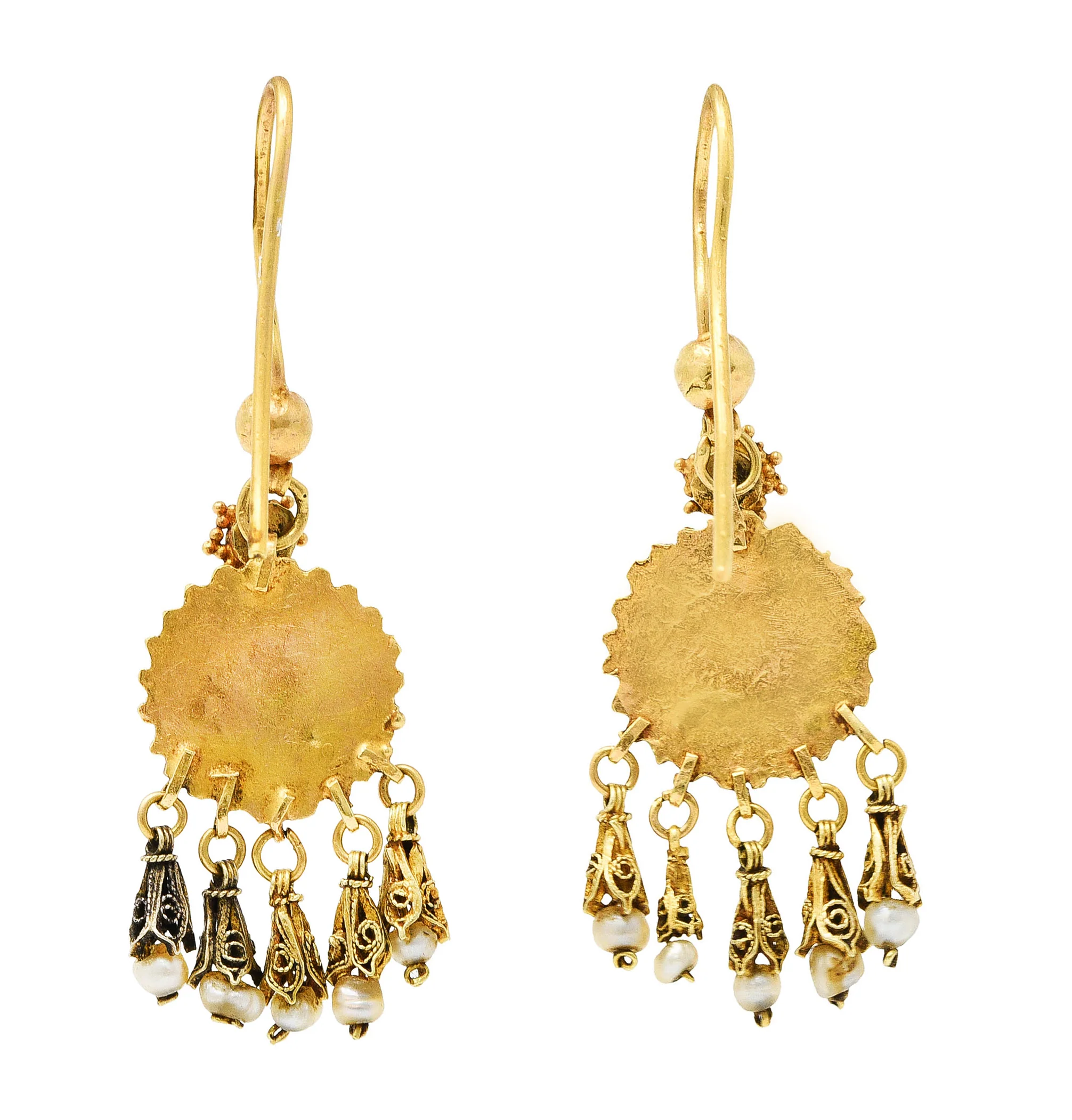 Victorian Etruscan Revival Turquoise Pearl 18 Karat Gold Drop Earrings - Image 3