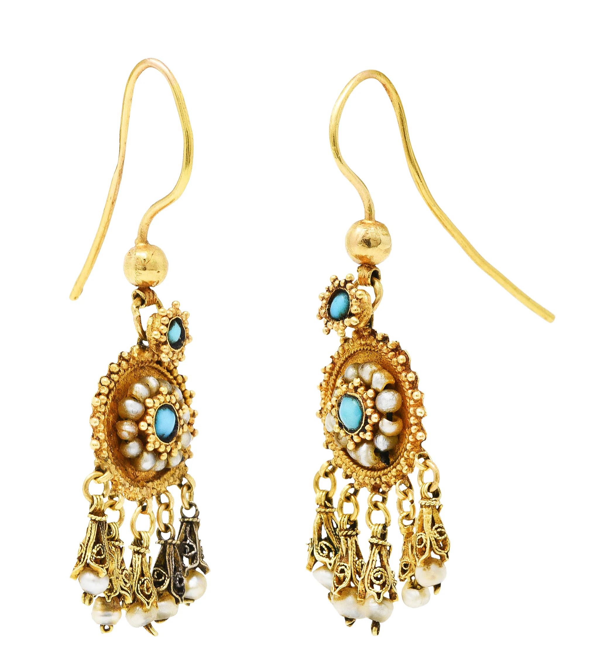 Victorian Etruscan Revival Turquoise Pearl 18 Karat Gold Drop Earrings - Image 4