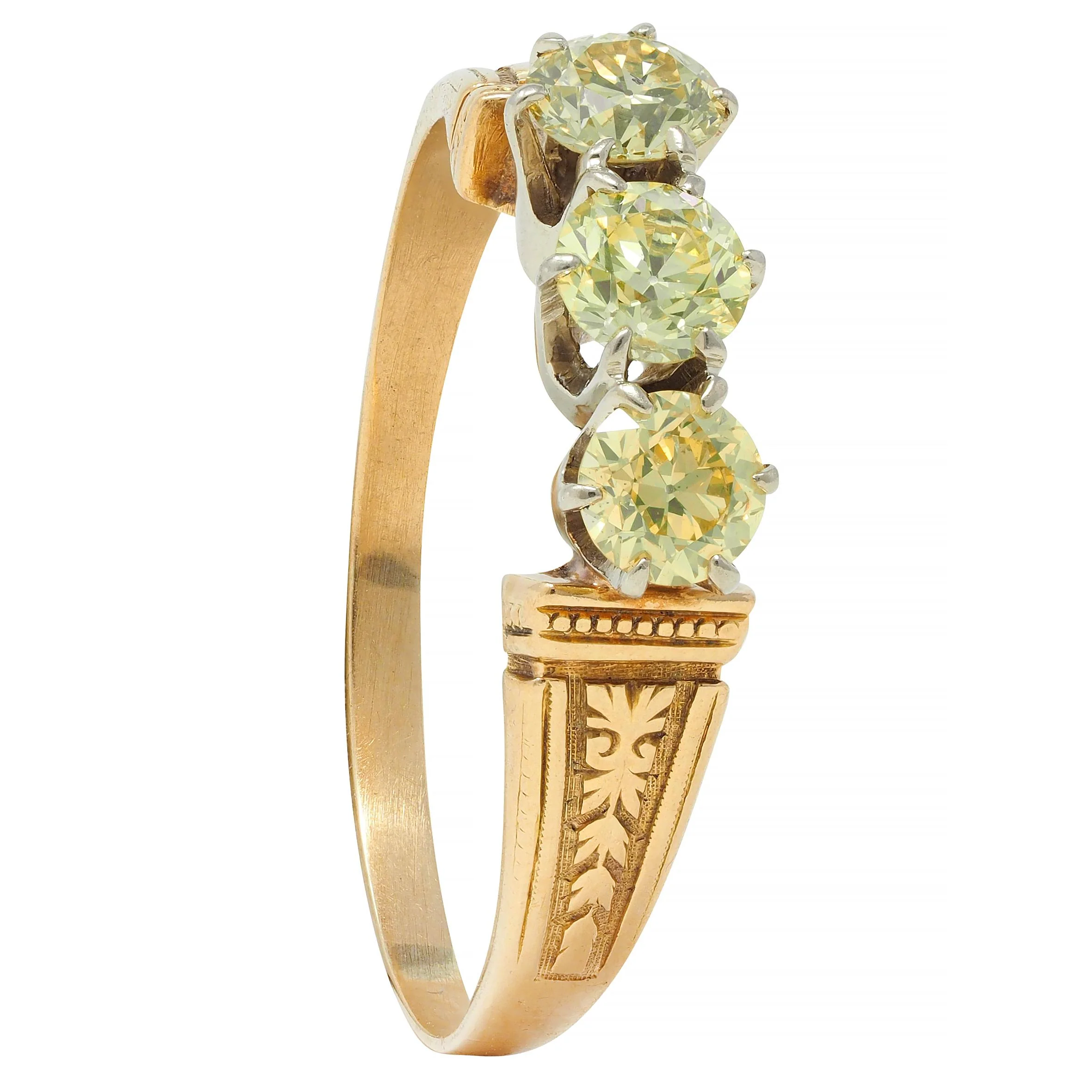 Victorian Fancy Yellow Diamond Platinum 18 Karat Gold Three Stone Antique Ring - Image 10