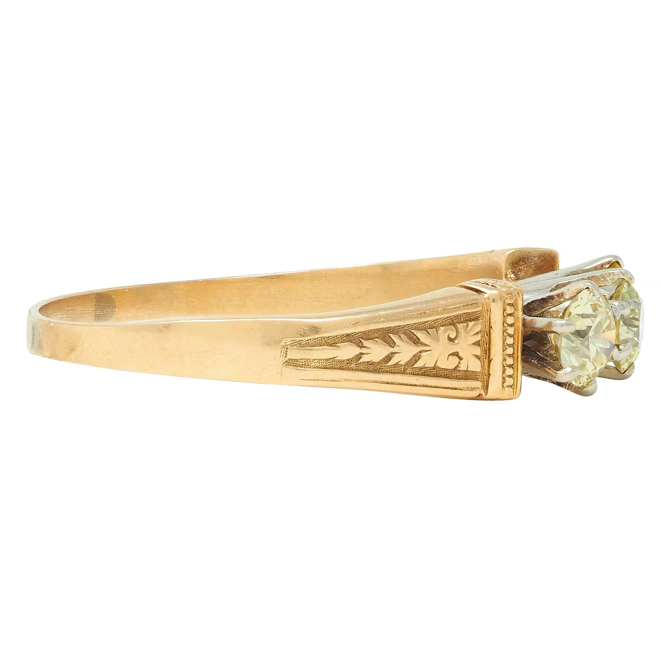 Victorian Fancy Yellow Diamond Platinum 18 Karat Gold Three Stone Antique Ring - Image 3