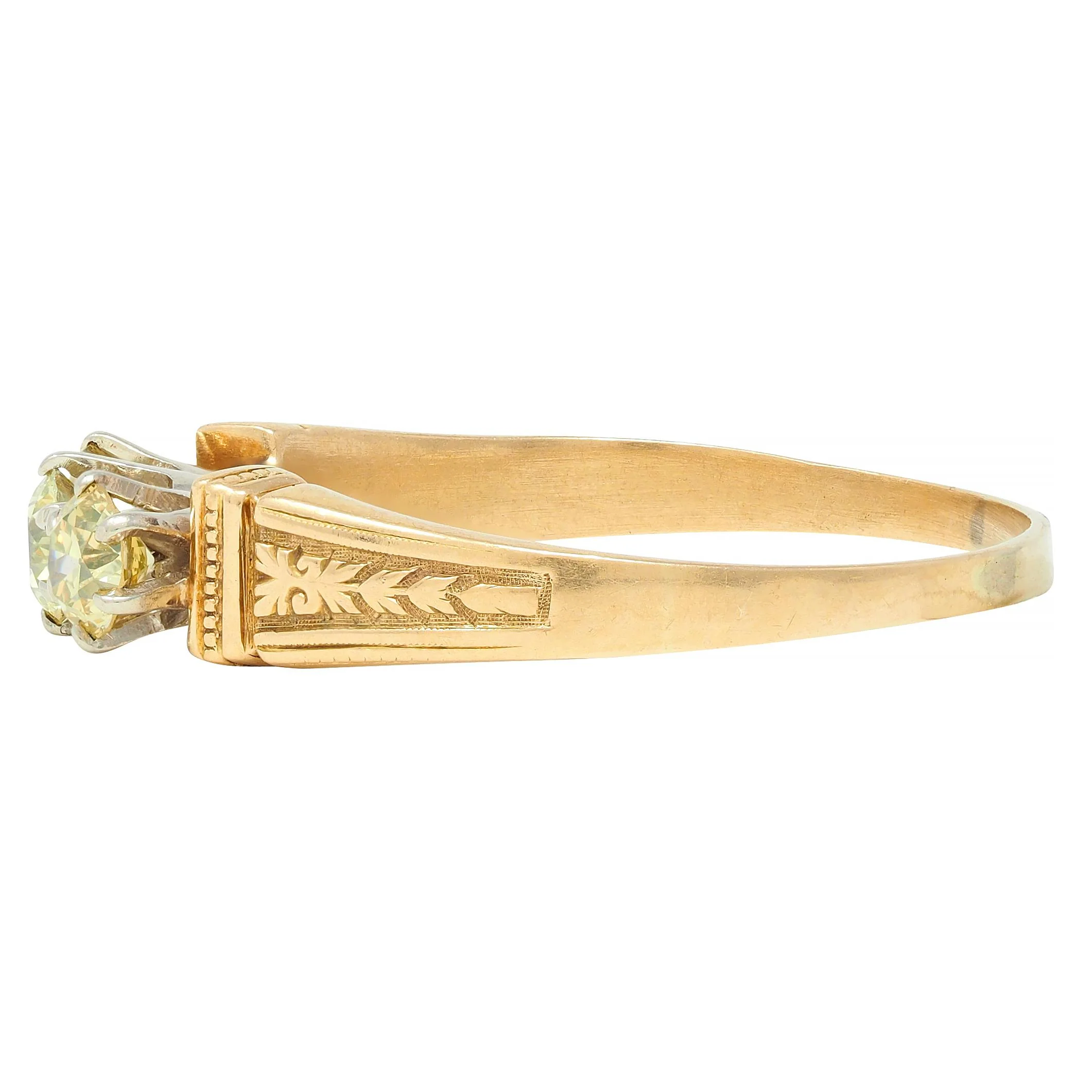 Victorian Fancy Yellow Diamond Platinum 18 Karat Gold Three Stone Antique Ring - Image 4