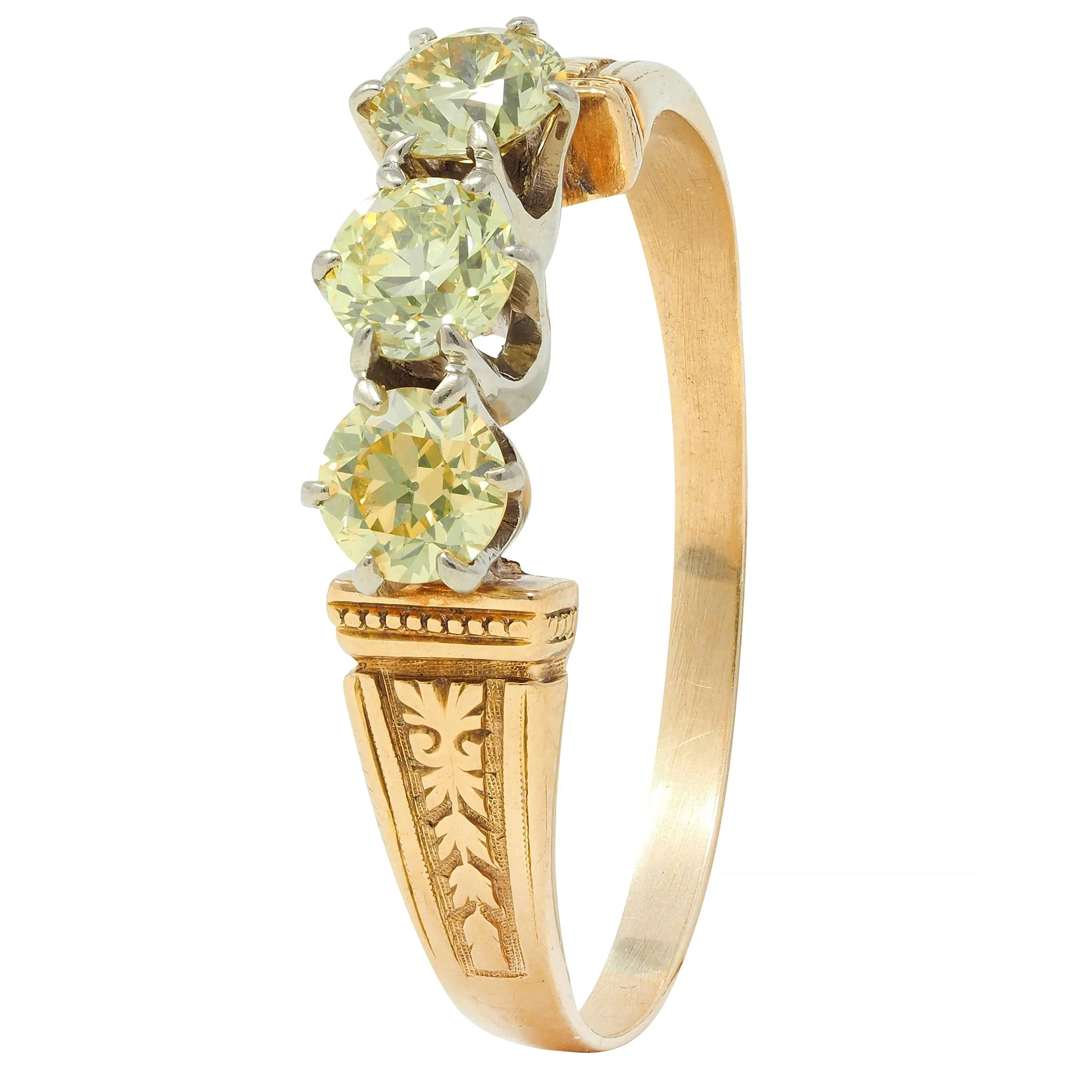Victorian Fancy Yellow Diamond Platinum 18 Karat Gold Three Stone Antique Ring - Image 6