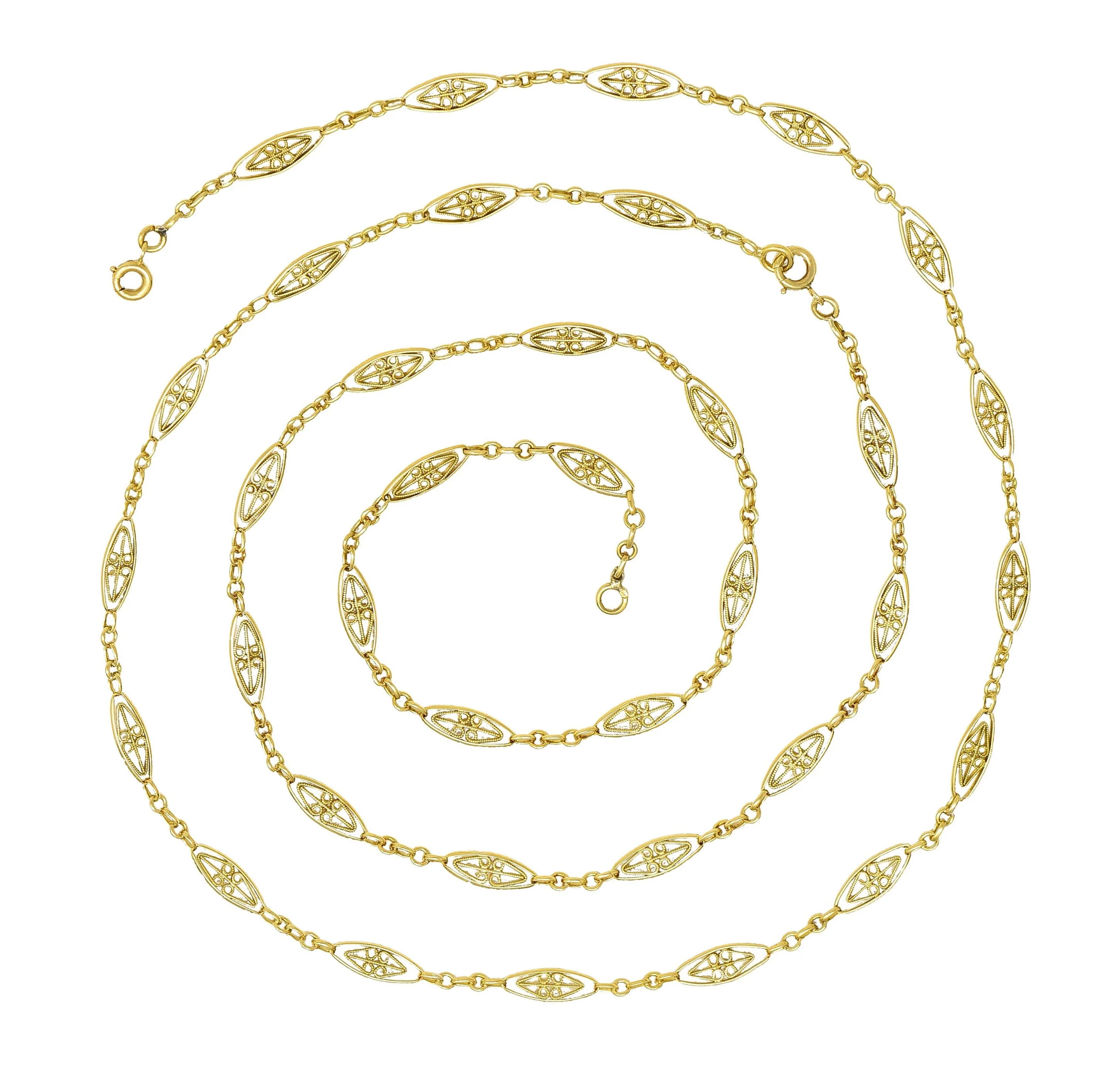 Victorian French 18 Karat Yellow Gold Heart Antique Fancy Navette Link Chain - Image 3