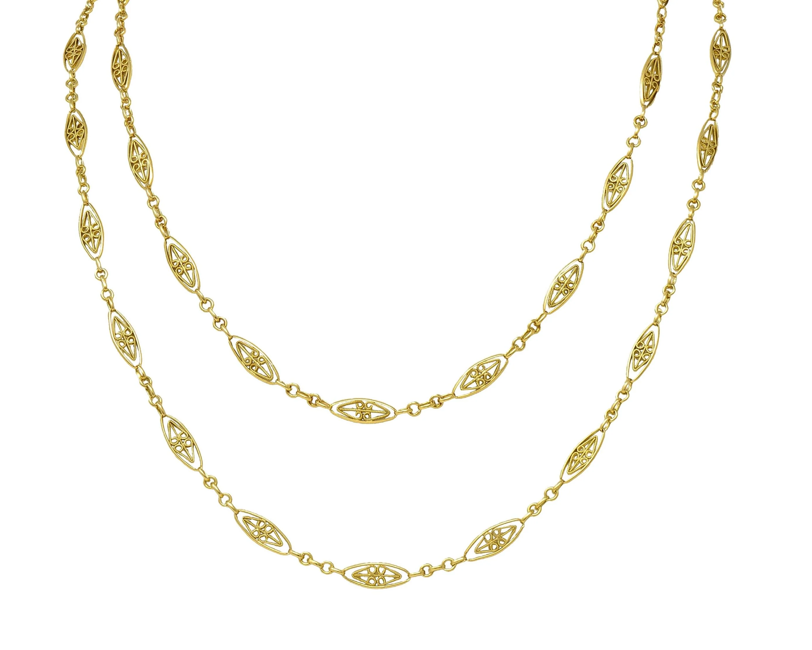 Victorian French 18 Karat Yellow Gold Heart Antique Fancy Navette Link Chain - Image 4