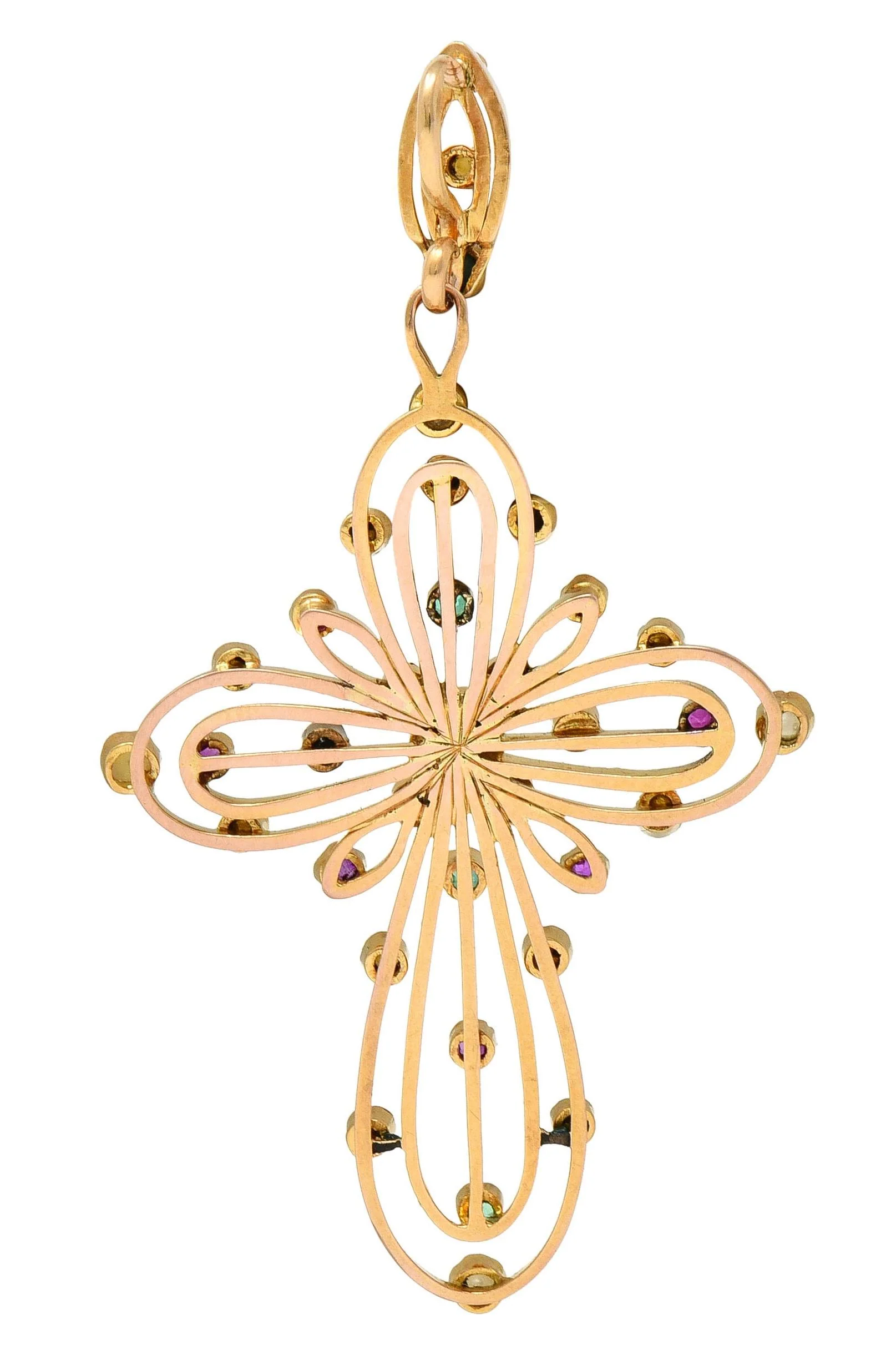 Victorian French Antique Emerald Ruby Pearl 18 Karat Gold Cross Pendant - Image 3