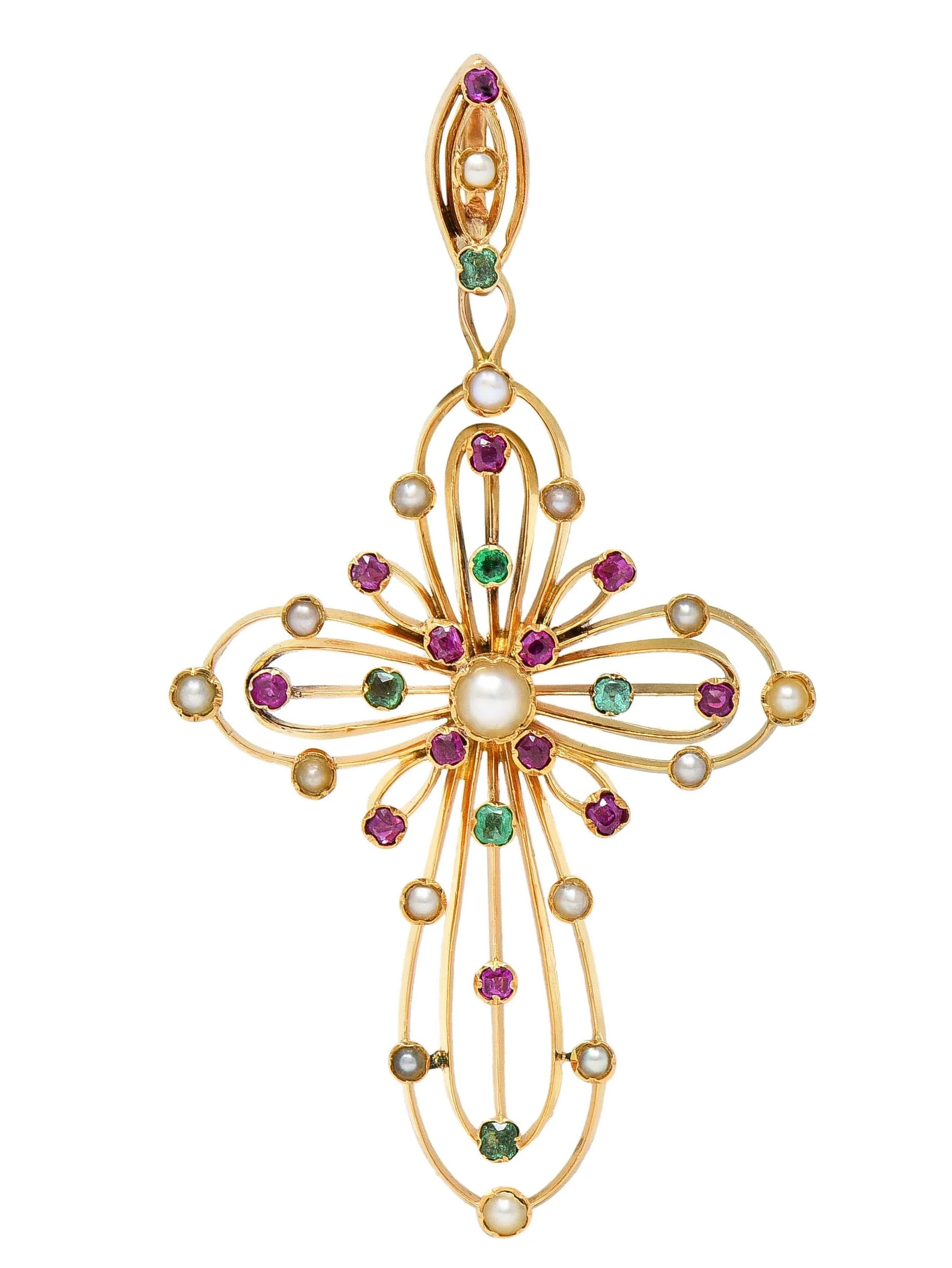 Victorian French Antique Emerald Ruby Pearl 18 Karat Gold Cross Pendant - Image 7