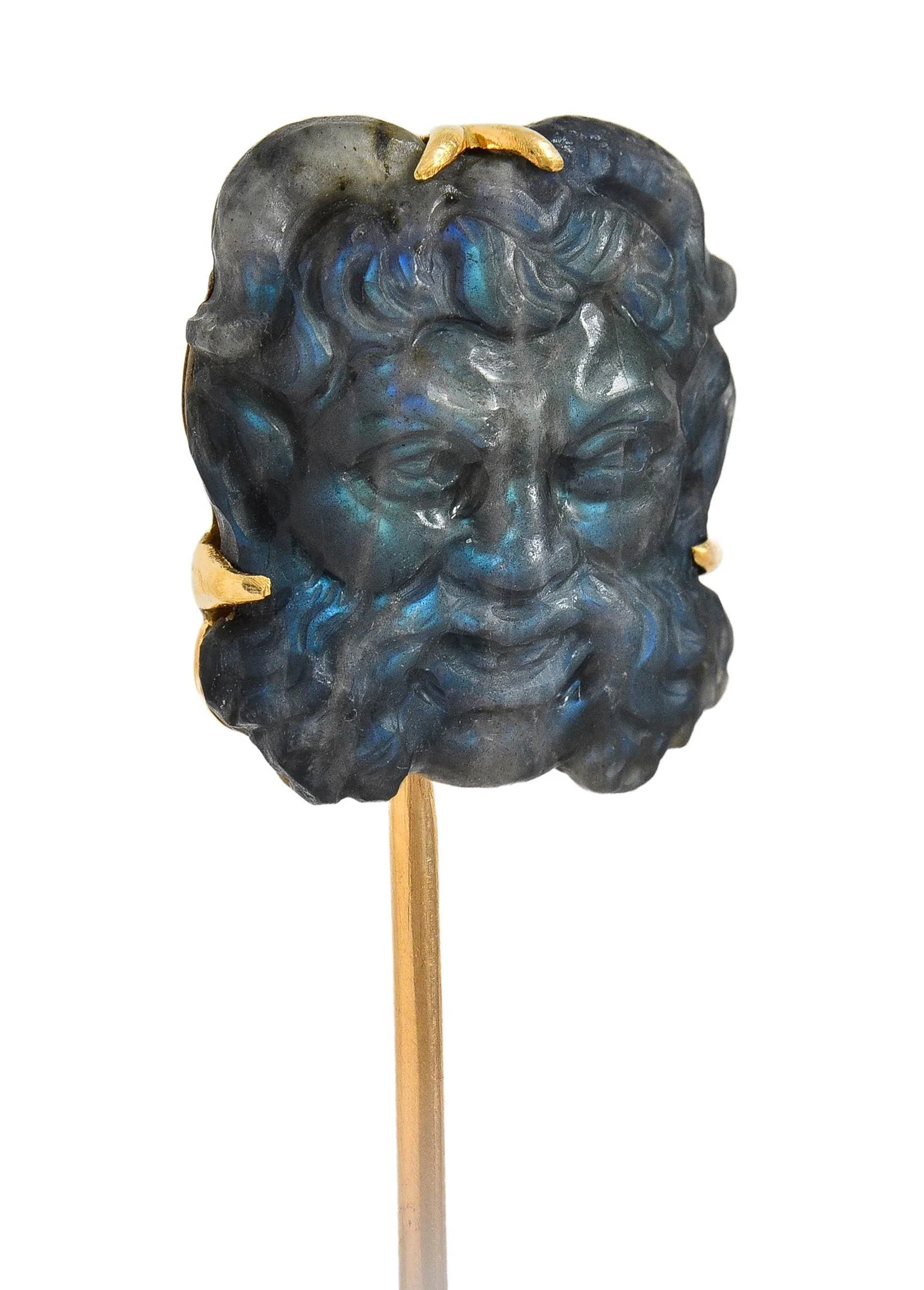 Victorian French Carved Labradorite Mother-Of-Pearl 18 Karat Yellow Gold Antique Greek God Pan Stickpin - Image 10