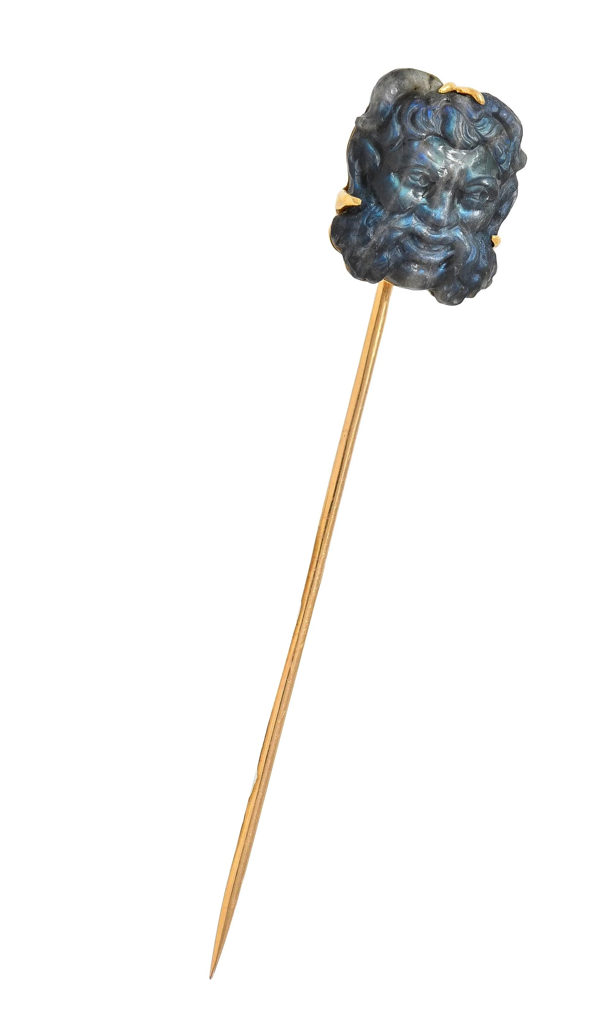 Victorian French Carved Labradorite Mother-Of-Pearl 18 Karat Yellow Gold Antique Greek God Pan Stickpin - Image 2
