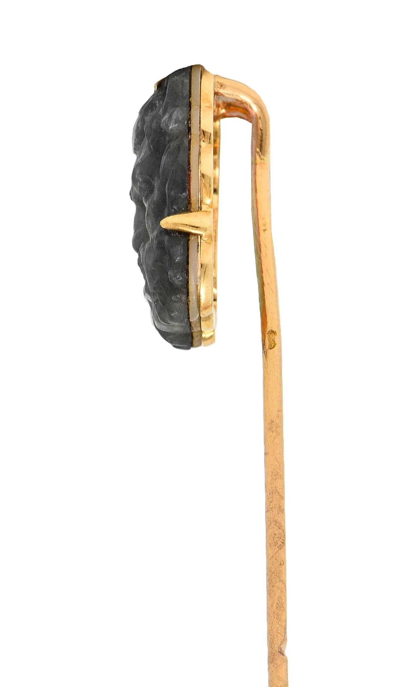 Victorian French Carved Labradorite Mother-Of-Pearl 18 Karat Yellow Gold Antique Greek God Pan Stickpin - Image 4