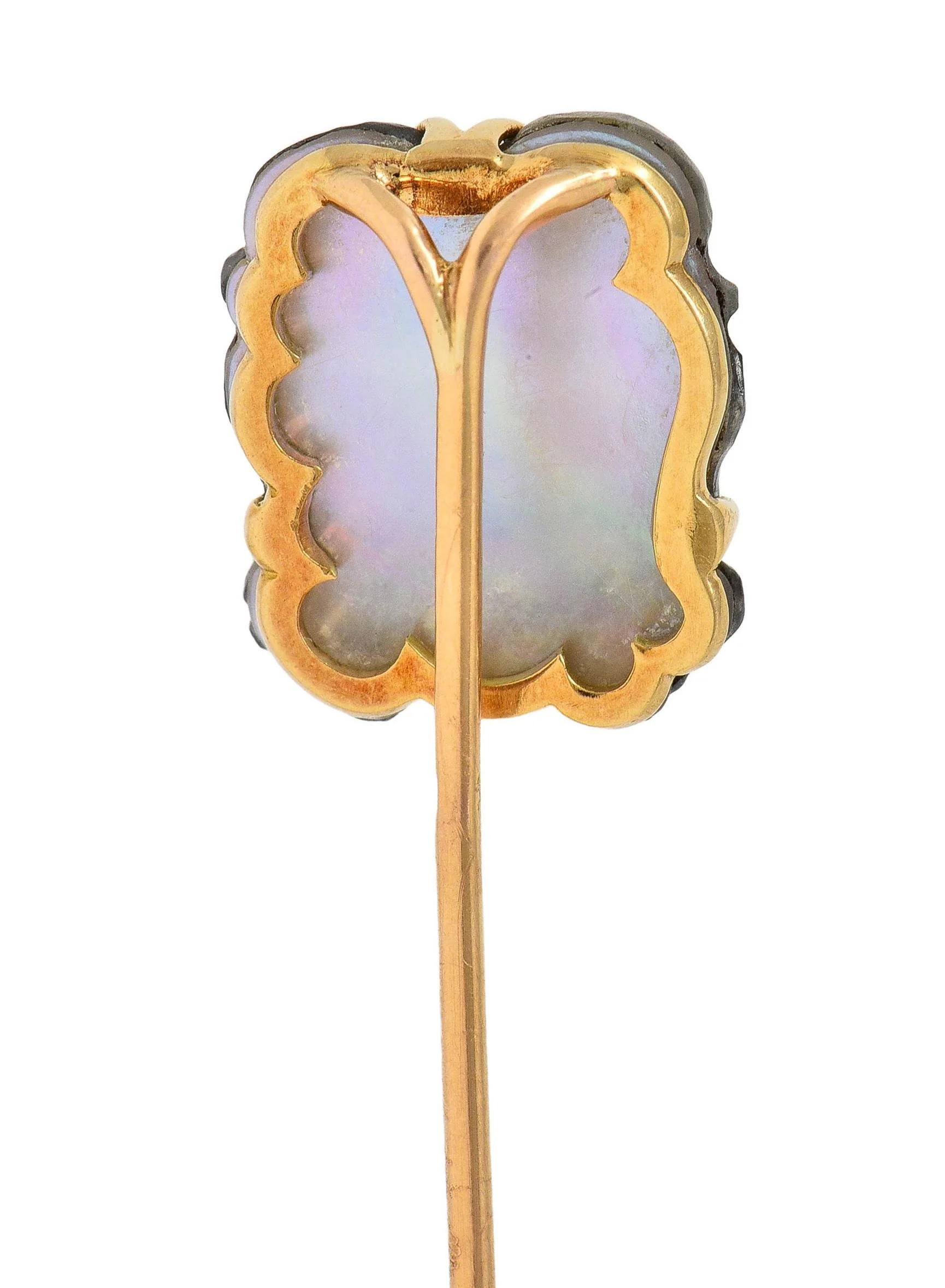 Victorian French Carved Labradorite Mother-Of-Pearl 18 Karat Yellow Gold Antique Greek God Pan Stickpin - Image 5