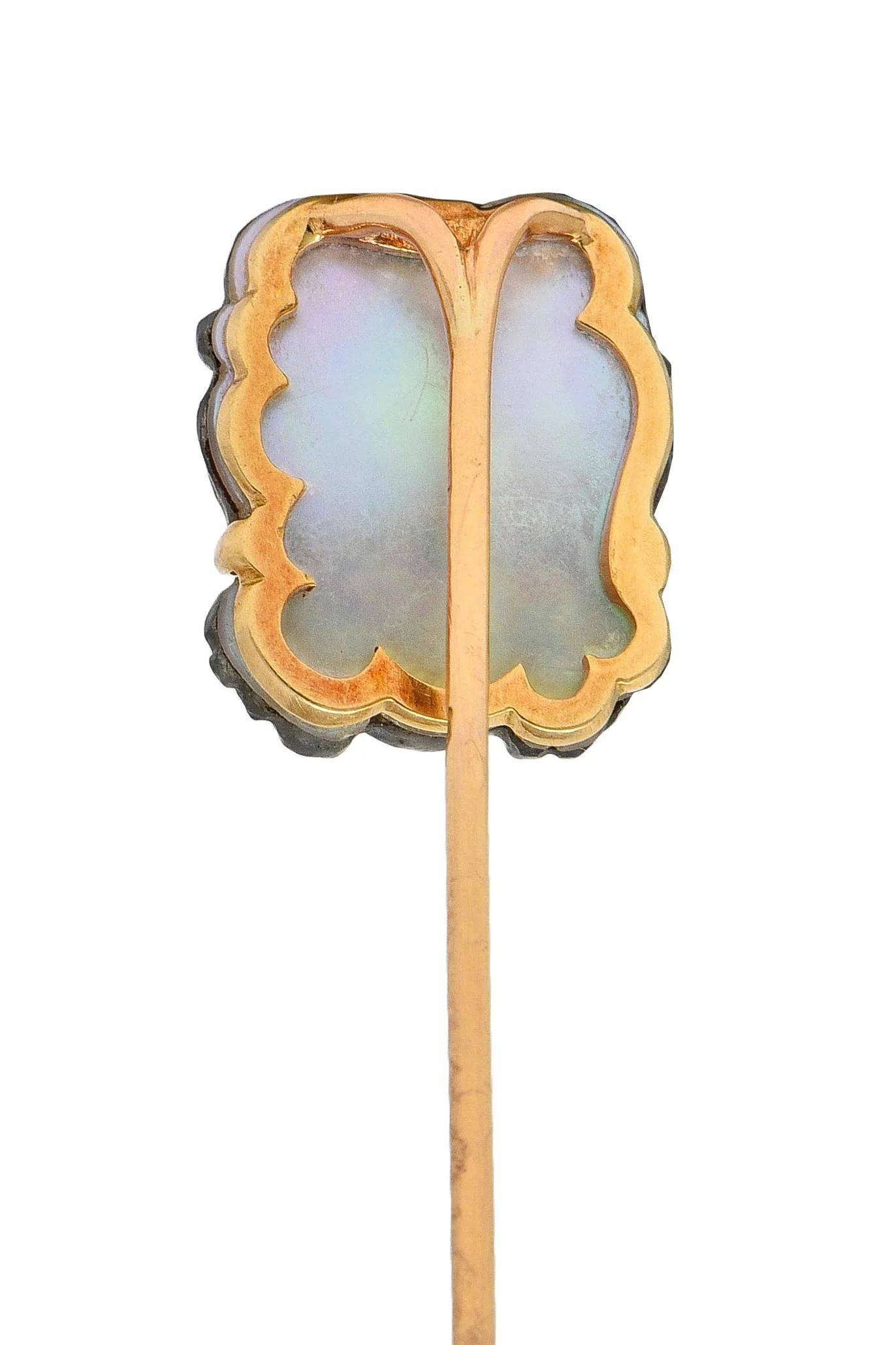 Victorian French Carved Labradorite Mother-Of-Pearl 18 Karat Yellow Gold Antique Greek God Pan Stickpin - Image 6