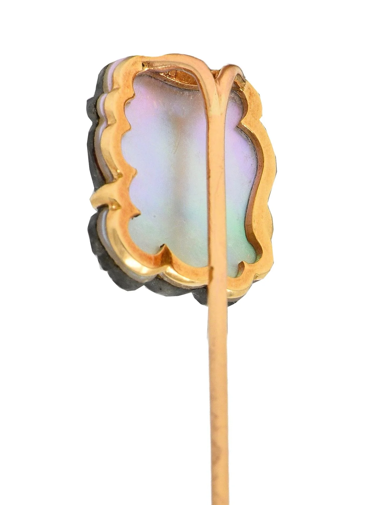 Victorian French Carved Labradorite Mother-Of-Pearl 18 Karat Yellow Gold Antique Greek God Pan Stickpin - Image 8