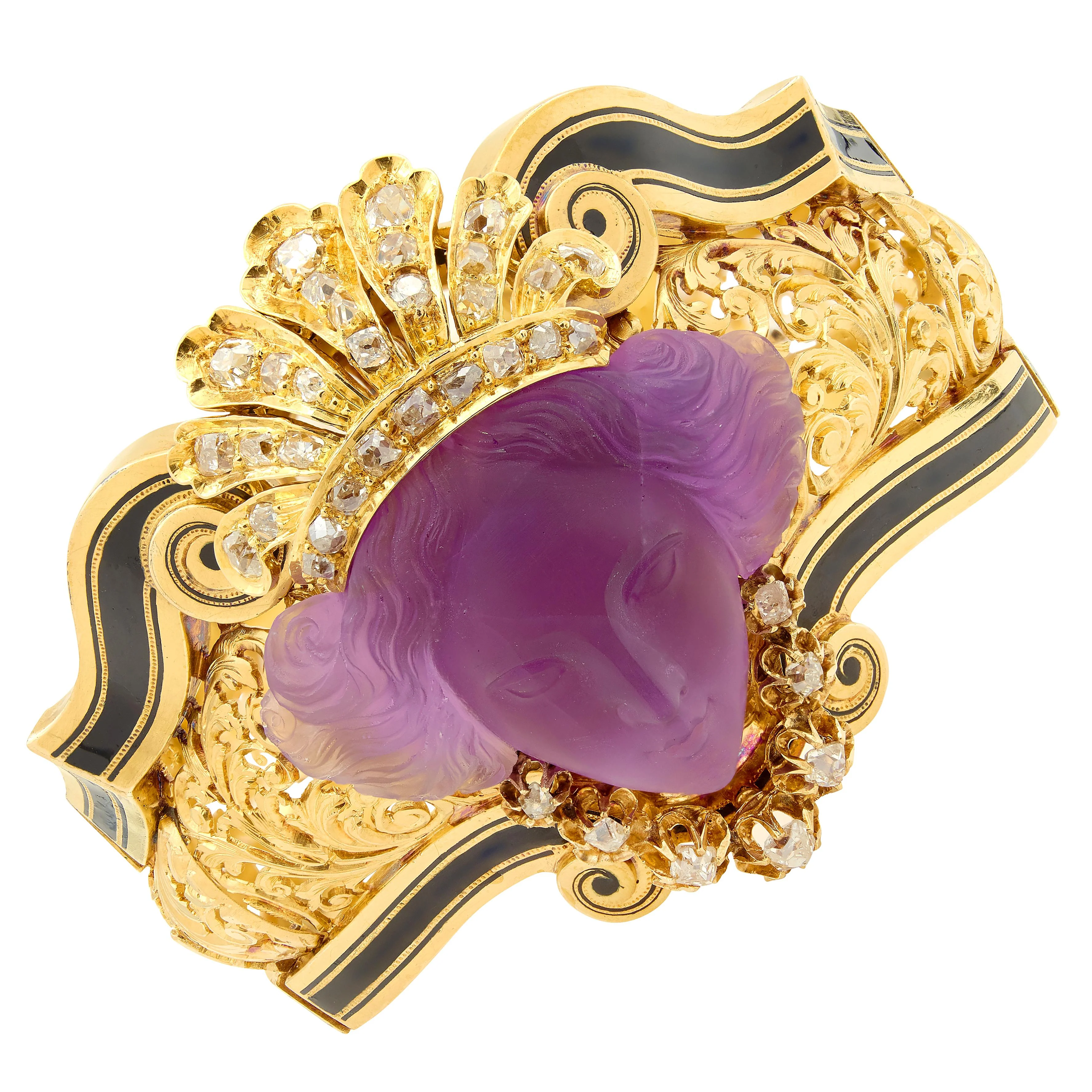 Victorian French Diamond Amethyst Enamel 18 Karat Yellow Gold Antique Carved Queen Bust Bangle Bracelet - Image 6