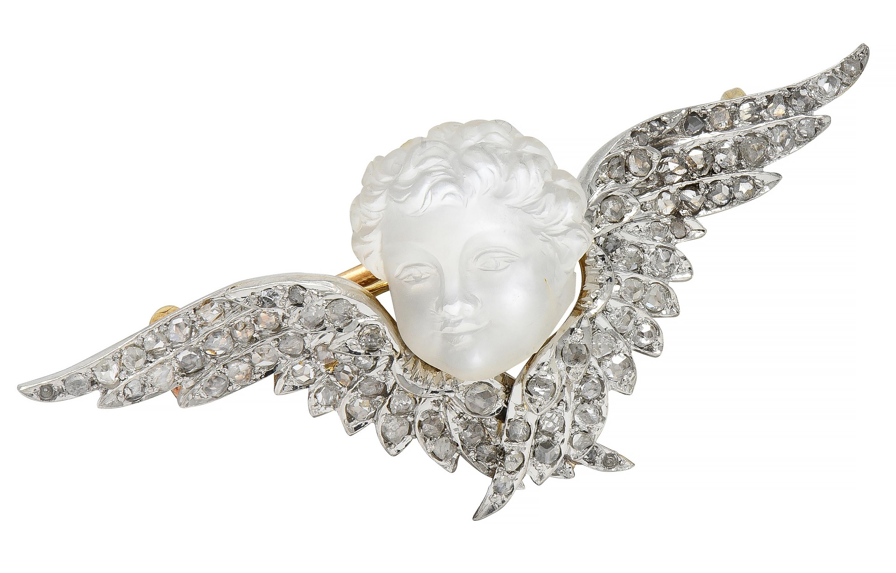 Victorian French Diamond Carved Moonstone Silver 18 Karat Yellow Gold Antique Cherub Brooch