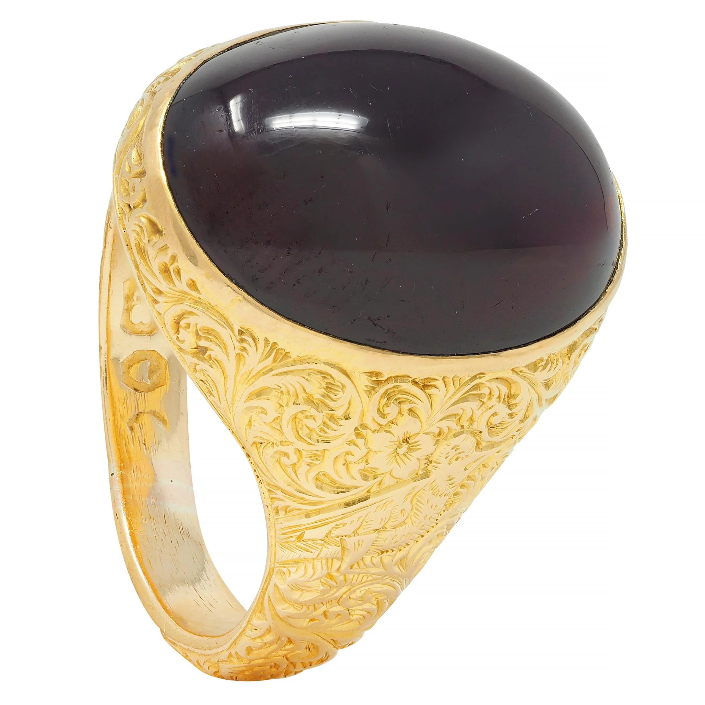 Victorian Garnet Cabochon 18 Karat Yellow Gold Floral Antique Unisex Signet Ring - Image 14