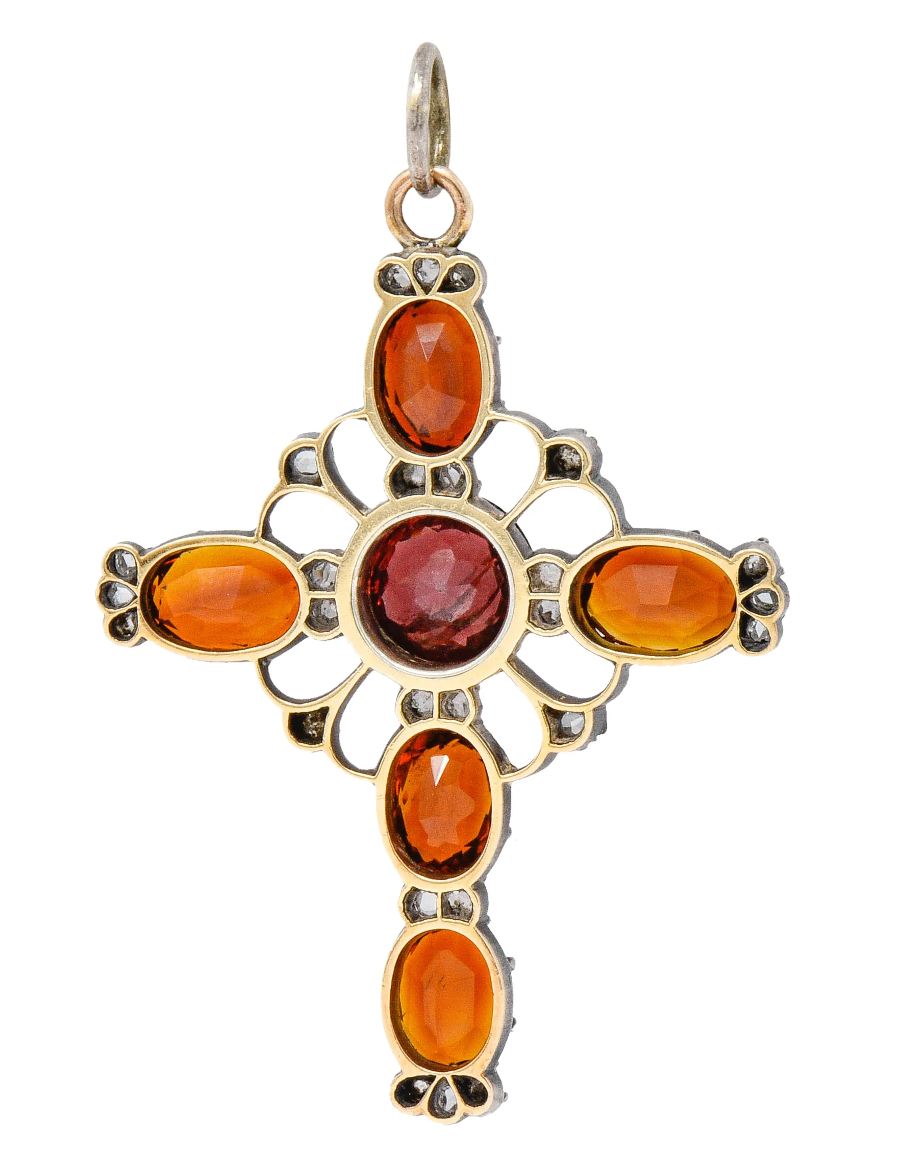 Victorian Garnet Citrine Diamond Silver-Topped 14 Karat Gold Cross Pendant - Image 3