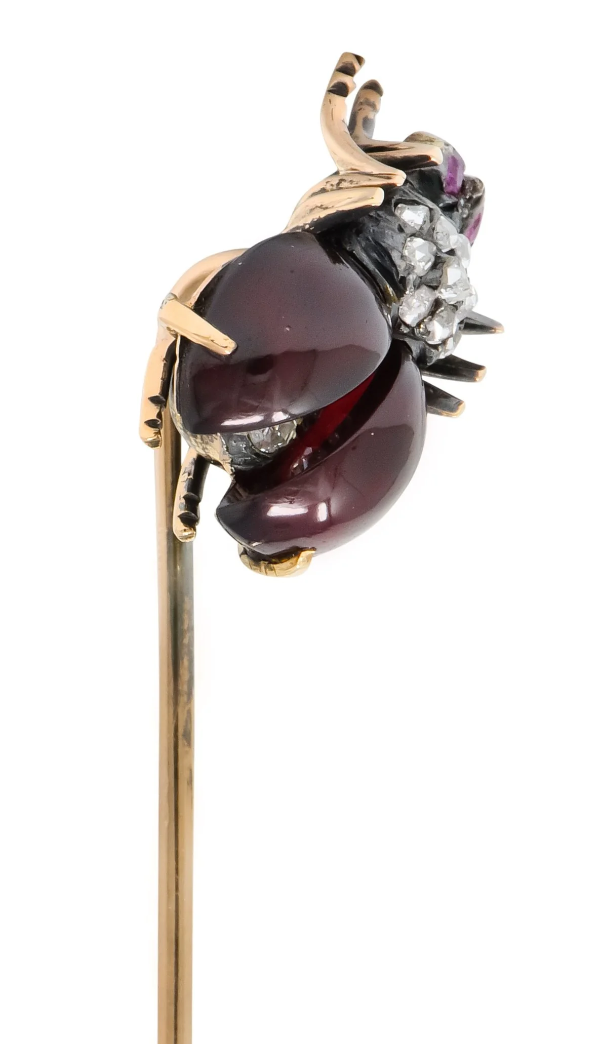 Victorian Garnet Diamond Ruby Silver-Topped 18 Karat Gold Fly Insect Stickpin - Image 5