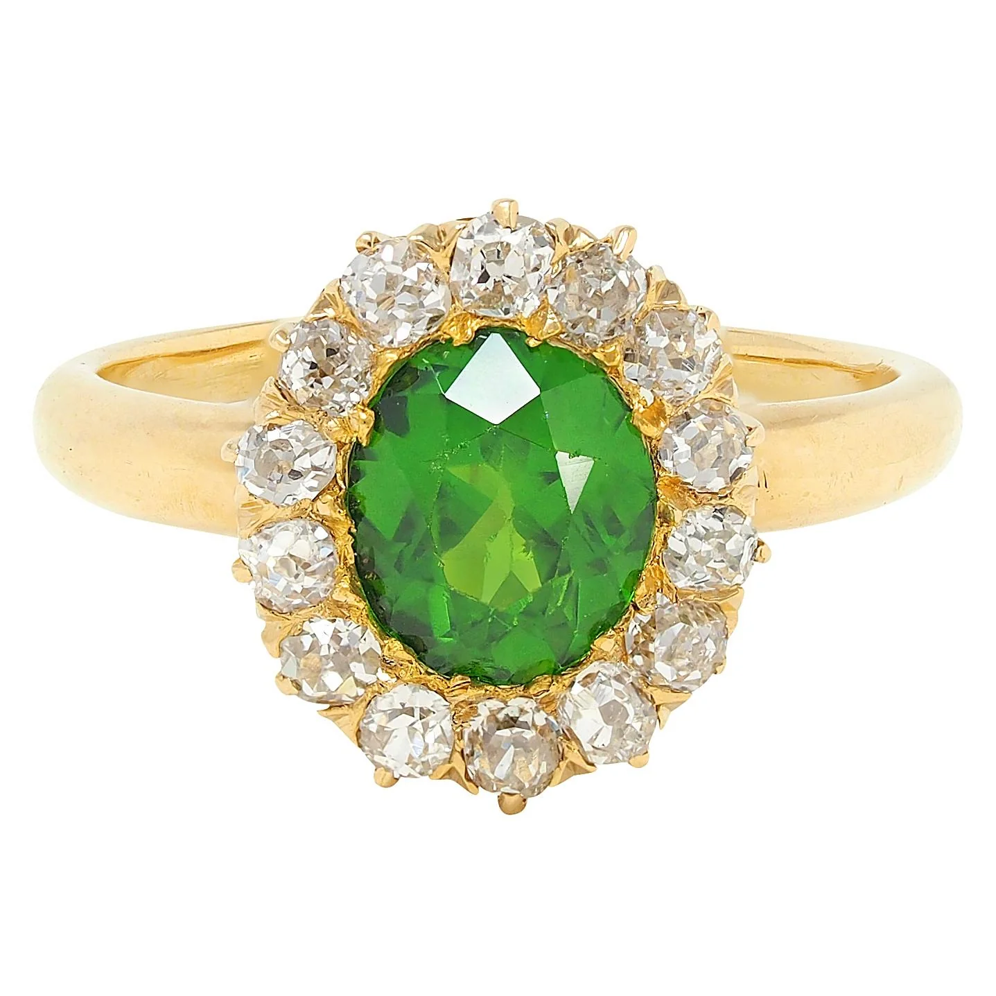Victorian Green Demantoid Garnet Diamond 18 Karat Yellow Gold Antique Halo Ring