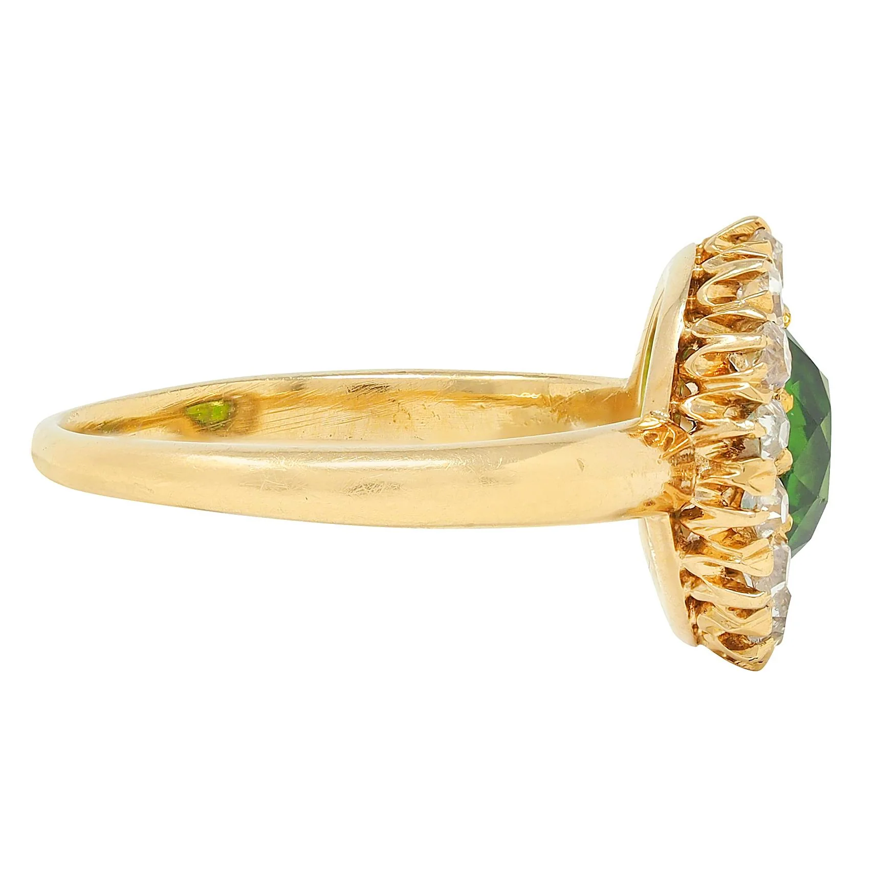 Victorian Green Demantoid Garnet Diamond 18 Karat Yellow Gold Antique Halo Ring - Image 2
