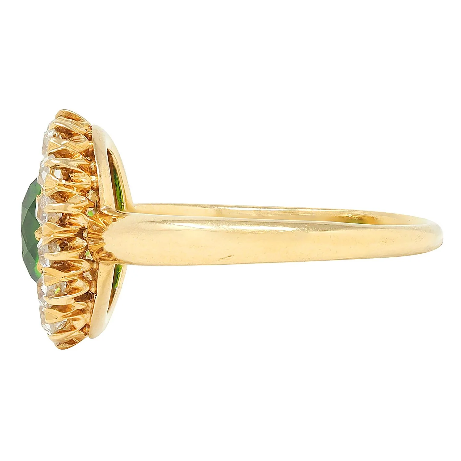 Victorian Green Demantoid Garnet Diamond 18 Karat Yellow Gold Antique Halo Ring - Image 4