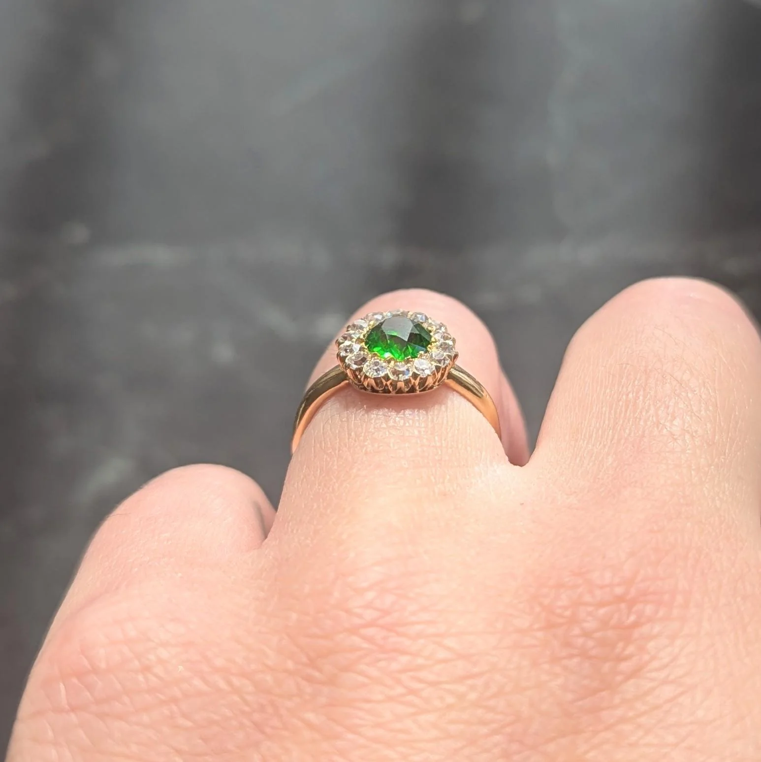 Victorian Green Demantoid Garnet Diamond 18 Karat Yellow Gold Antique Halo Ring - Image 7