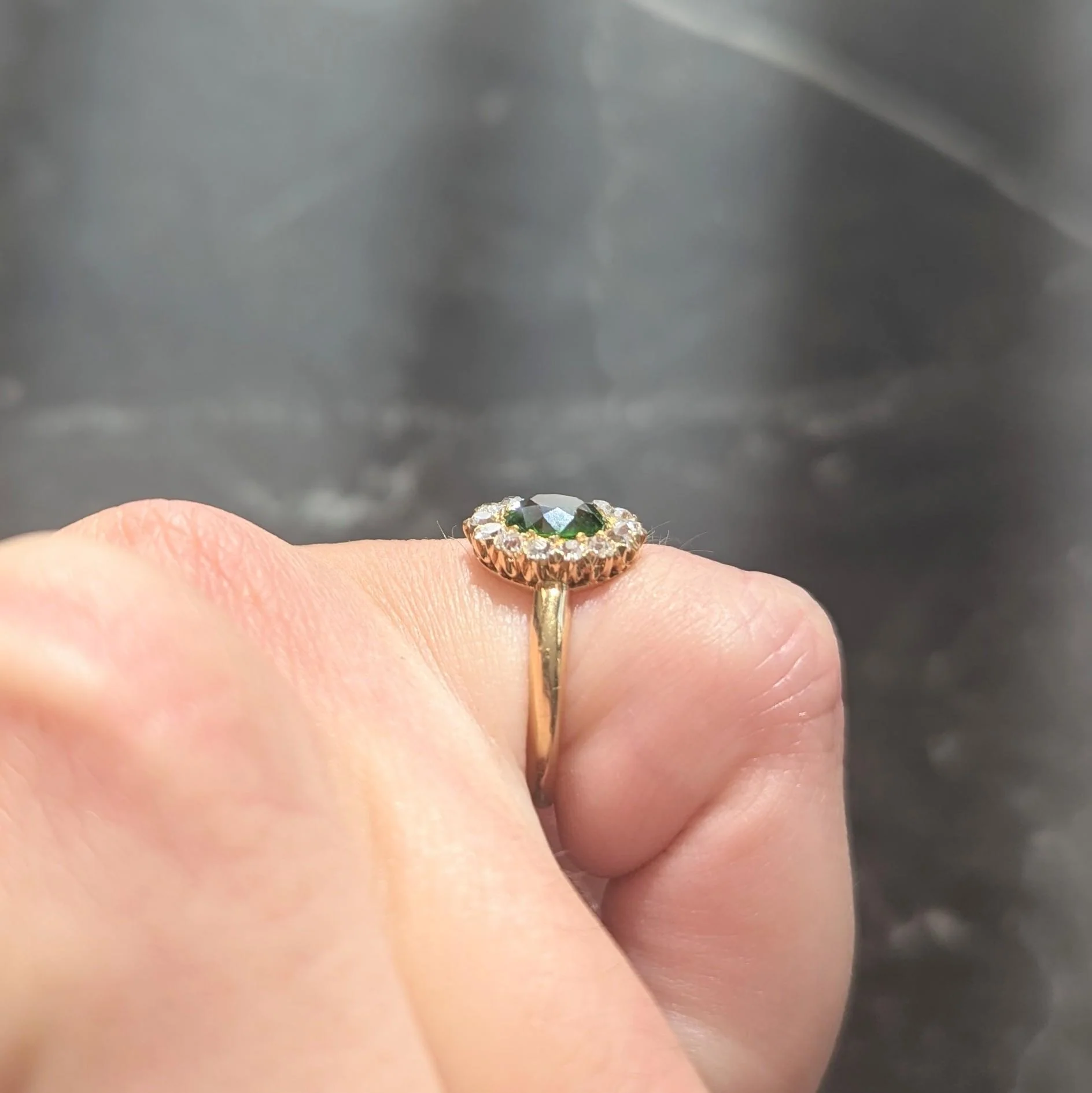 Victorian Green Demantoid Garnet Diamond 18 Karat Yellow Gold Antique Halo Ring - Image 8