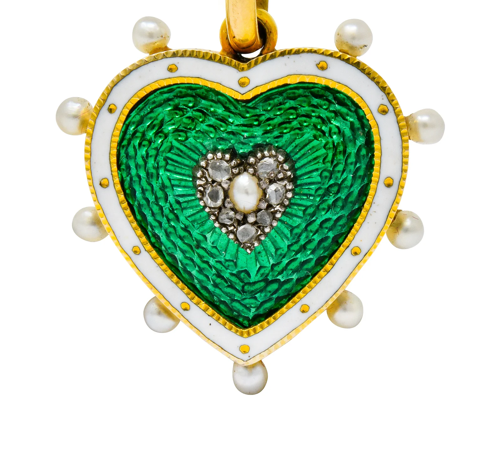 Victorian Green Enamel Pearl Diamond 18 Karat Gold Heart Pendant - Image 8