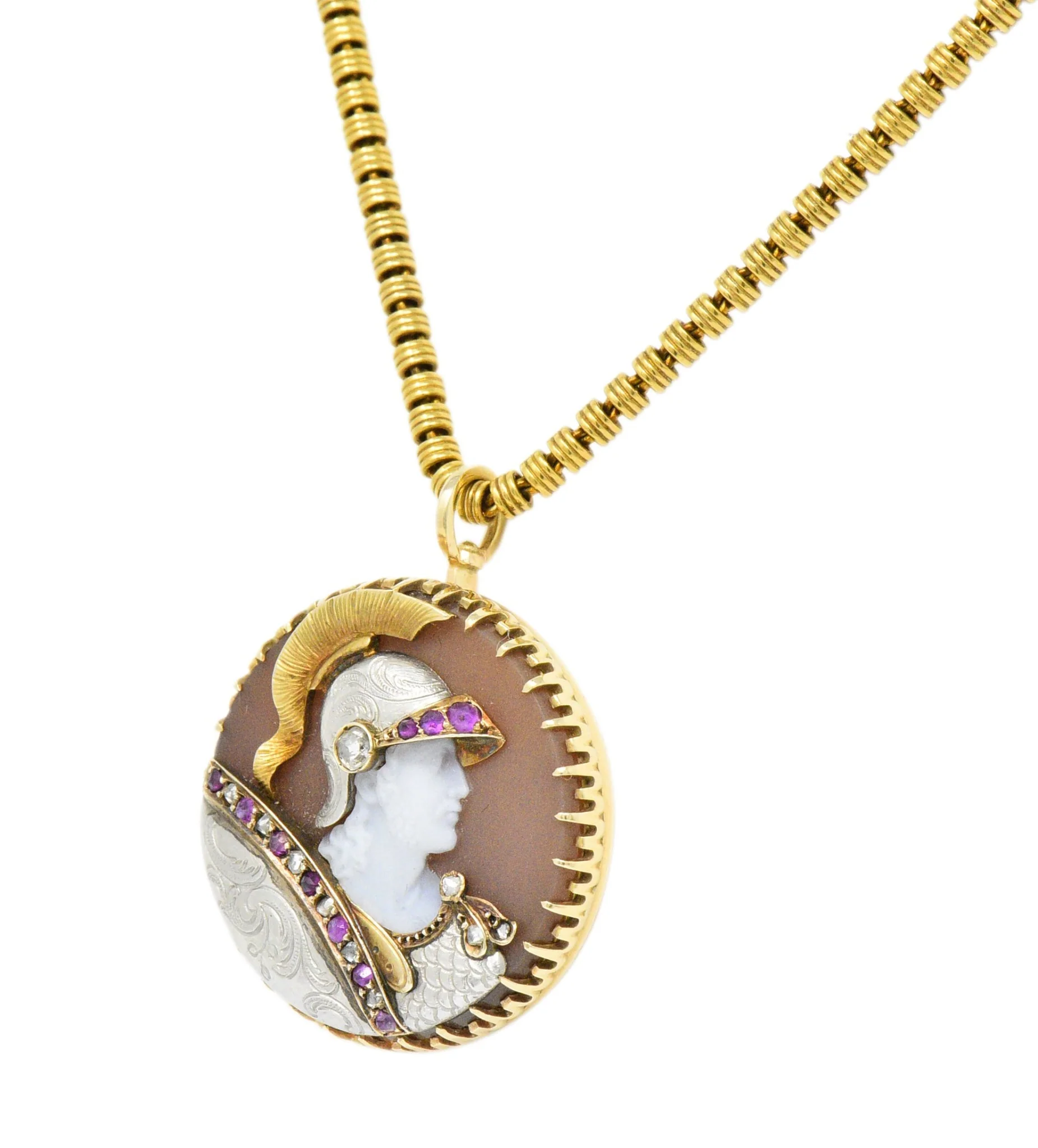 Victorian Hardstone Diamond Ruby Gold Roman Soldier Cameo Pendant Necklace - Image 2