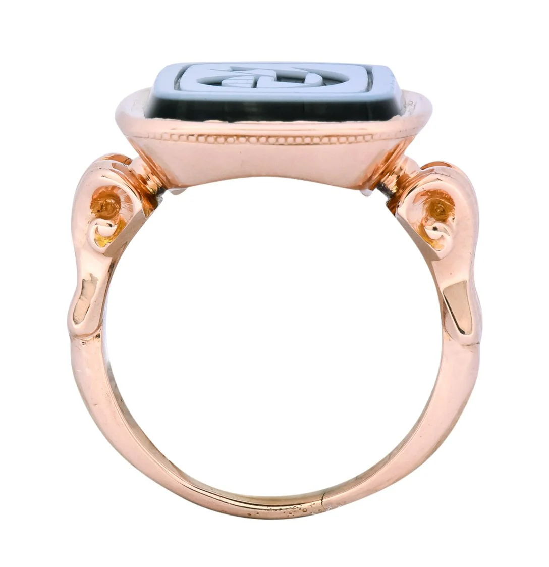 Victorian Hardstone Intaglio 14 Karat Rose Gold Lettered Signet Ring - Image 8