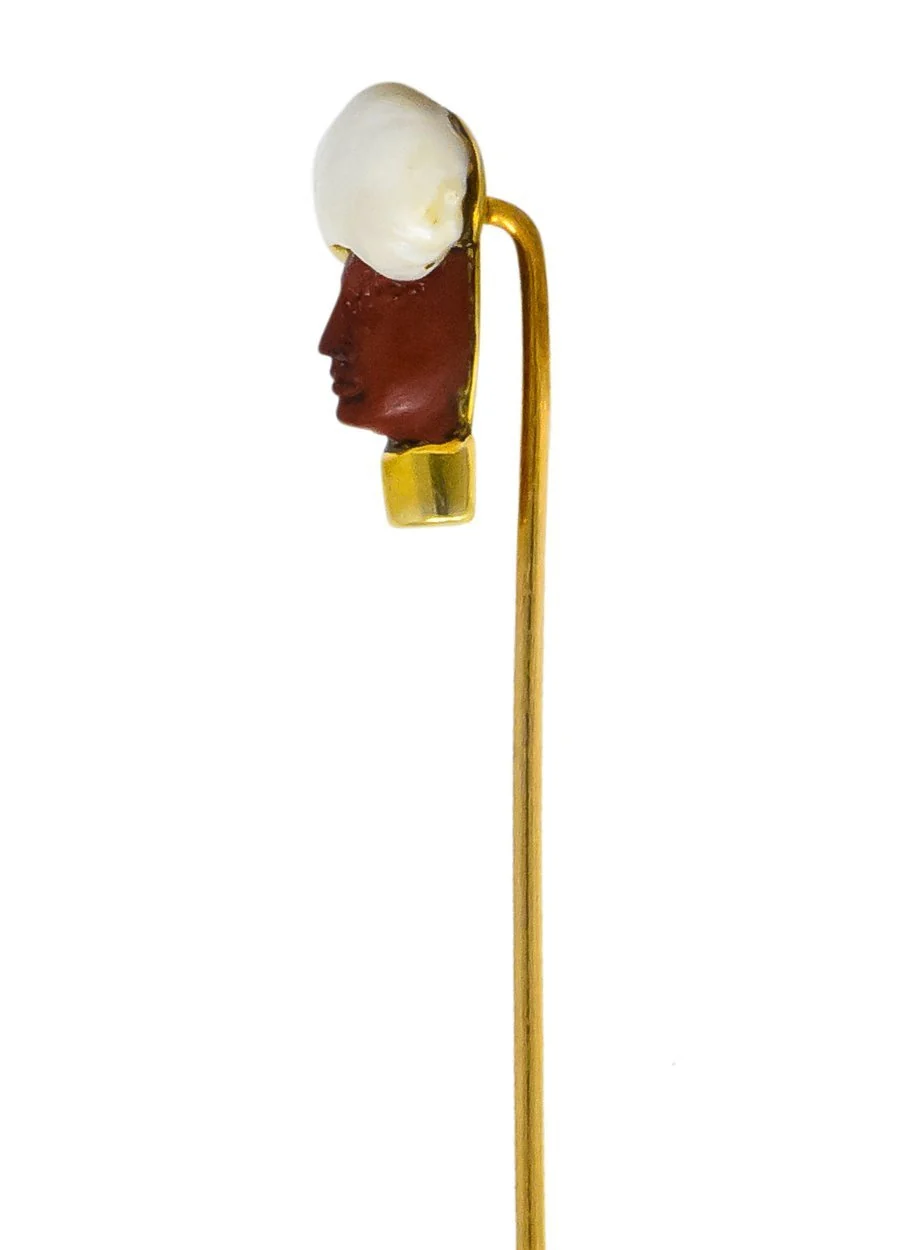 Victorian Hardstone Pearl Ottoman Sultan 14 Karat Gold Stickpin - Image 3