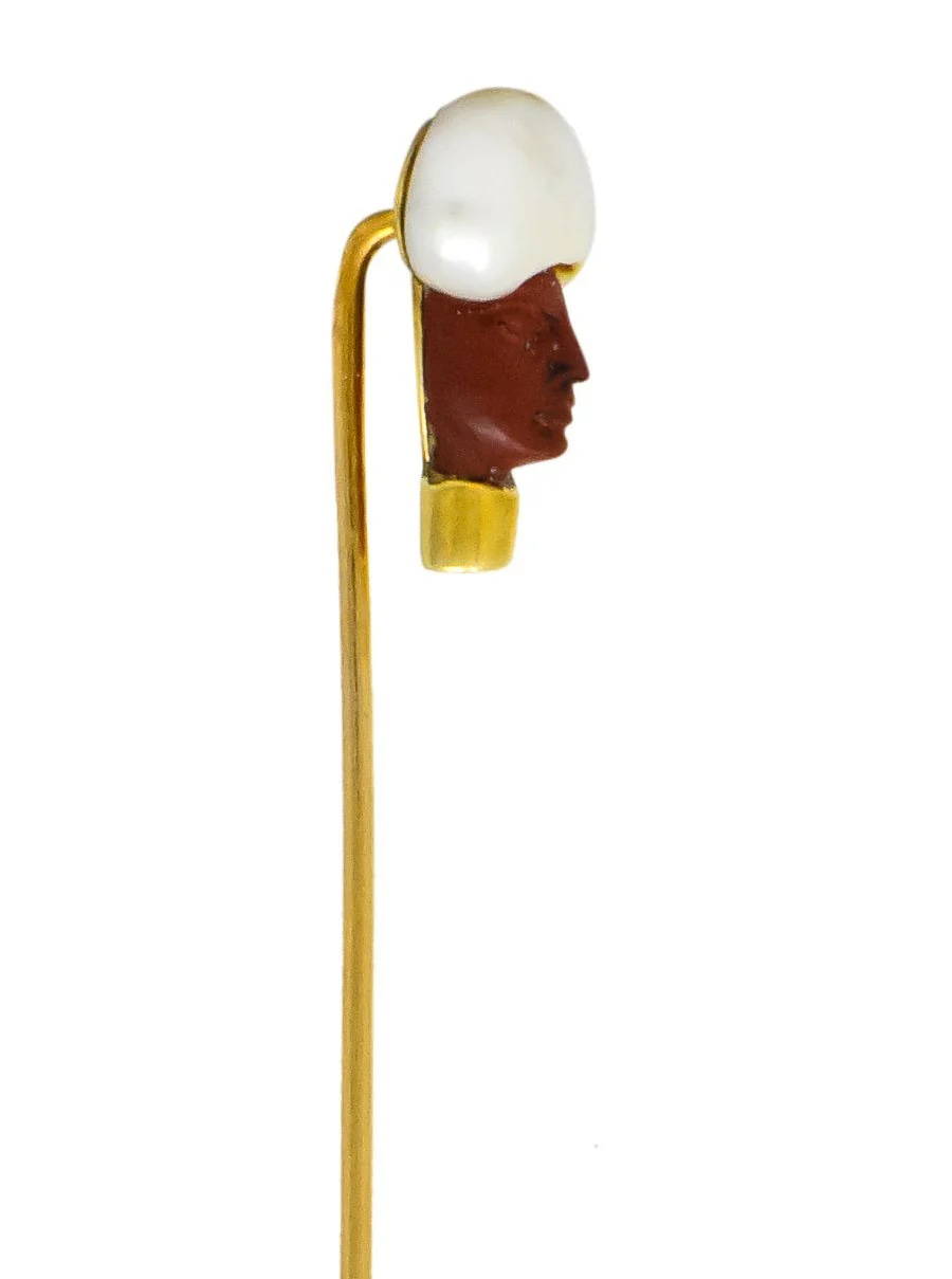 Victorian Hardstone Pearl Ottoman Sultan 14 Karat Gold Stickpin - Image 5