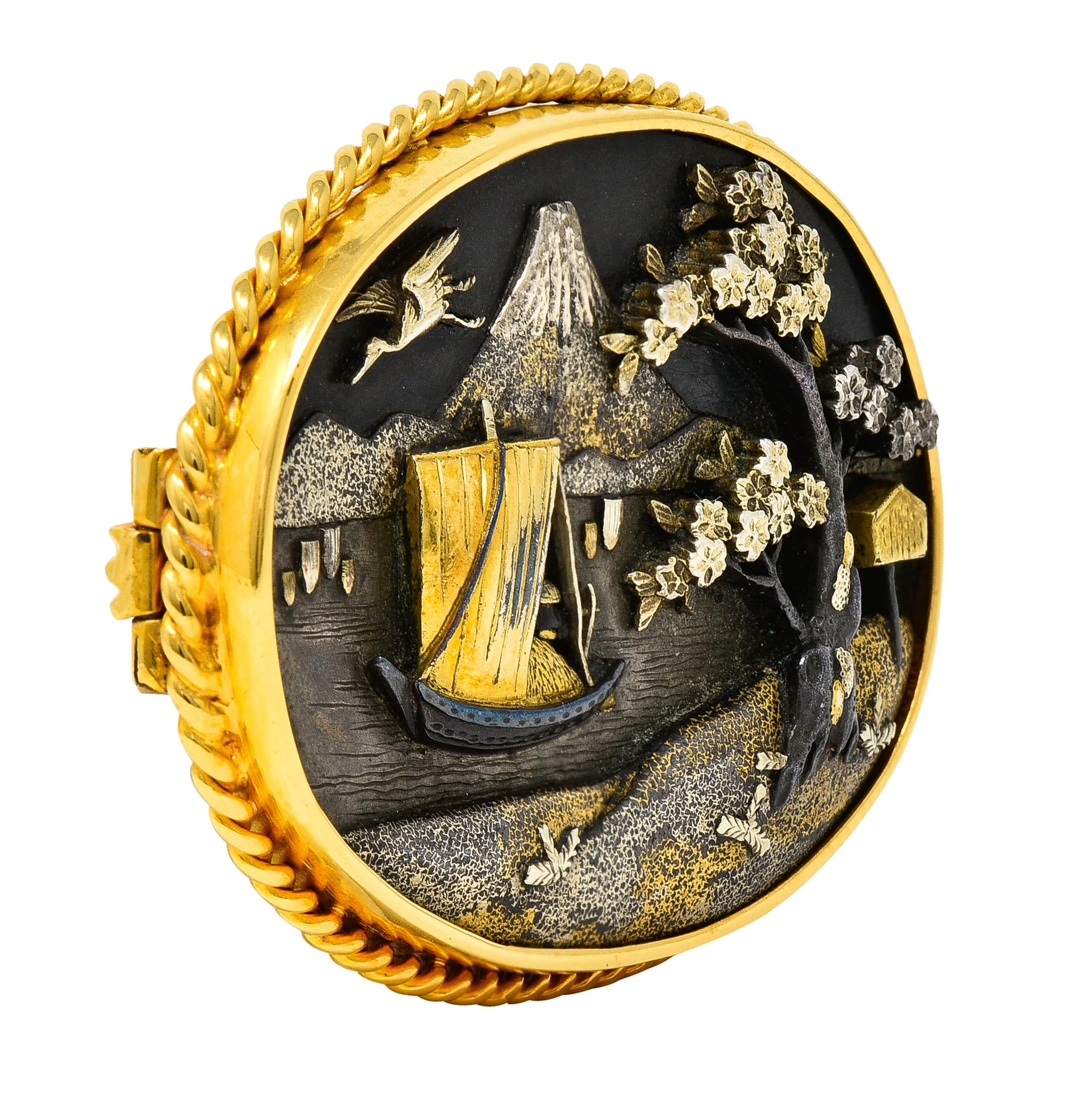 Victorian Japanese 18 Karat Yellow Gold Shibuichi Copper Silver Shakudo Antique Brooch - Image 2