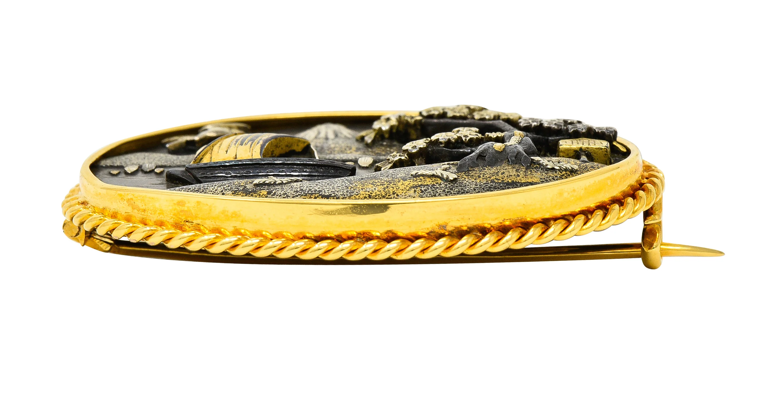 Victorian Japanese 18 Karat Yellow Gold Shibuichi Copper Silver Shakudo Antique Brooch - Image 5