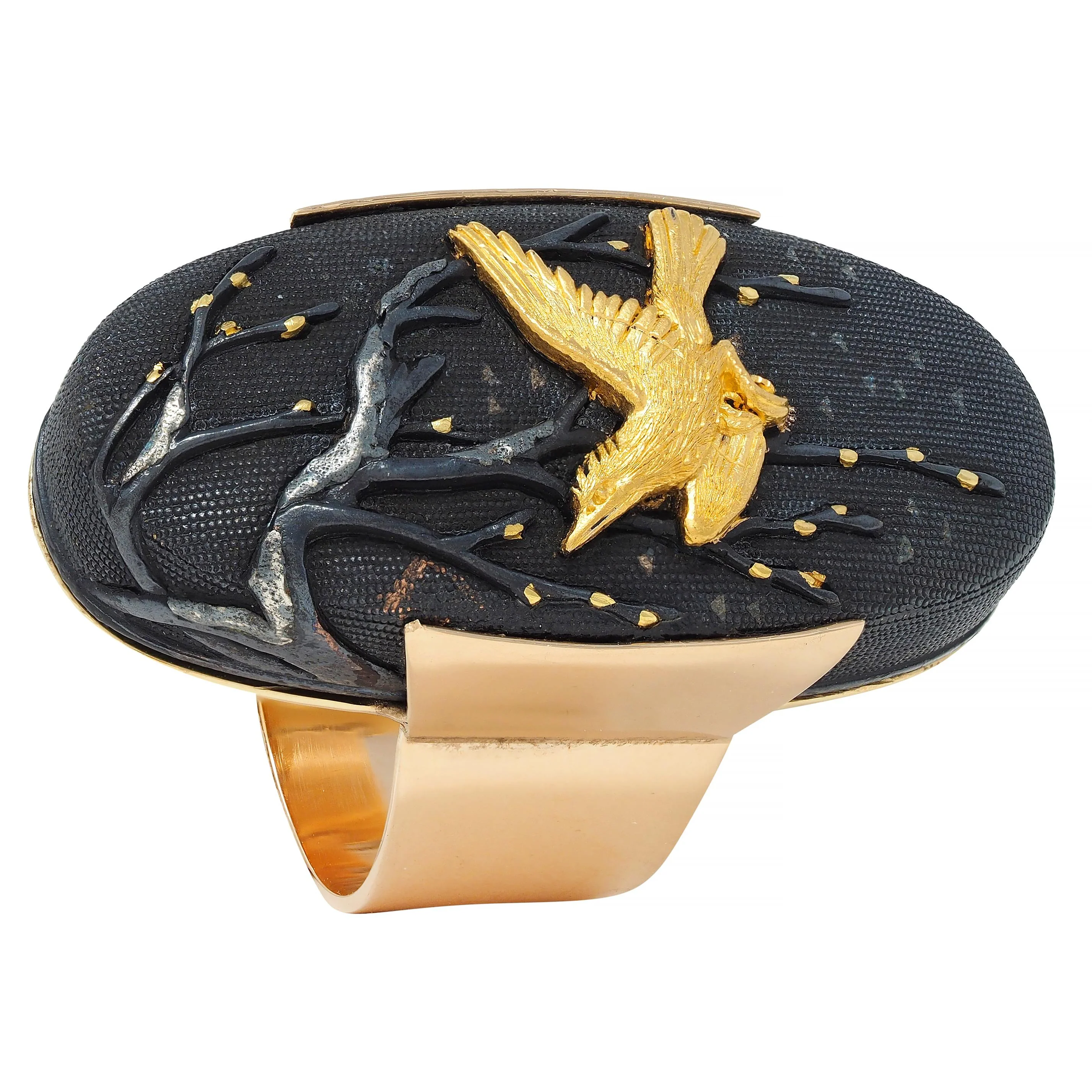 Victorian Japanese Shakudo 14 Karat Yellow Gold Swallow Bird Antique Ring - Image 10
