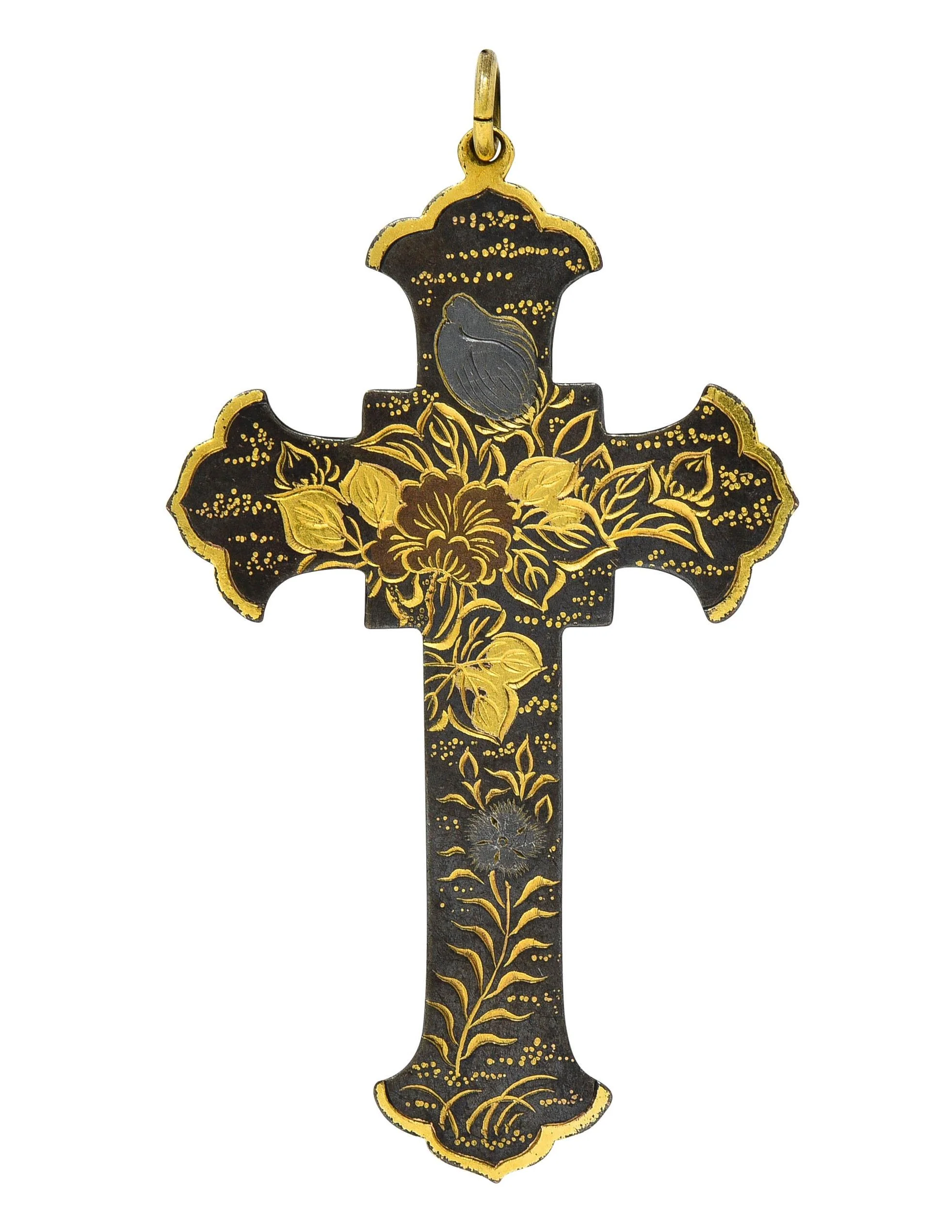 Victorian Japanese Yellow Gold Shibuichi Copper Silver Shakudo Pheasant Floral Antique Cross Pendant - Image 4