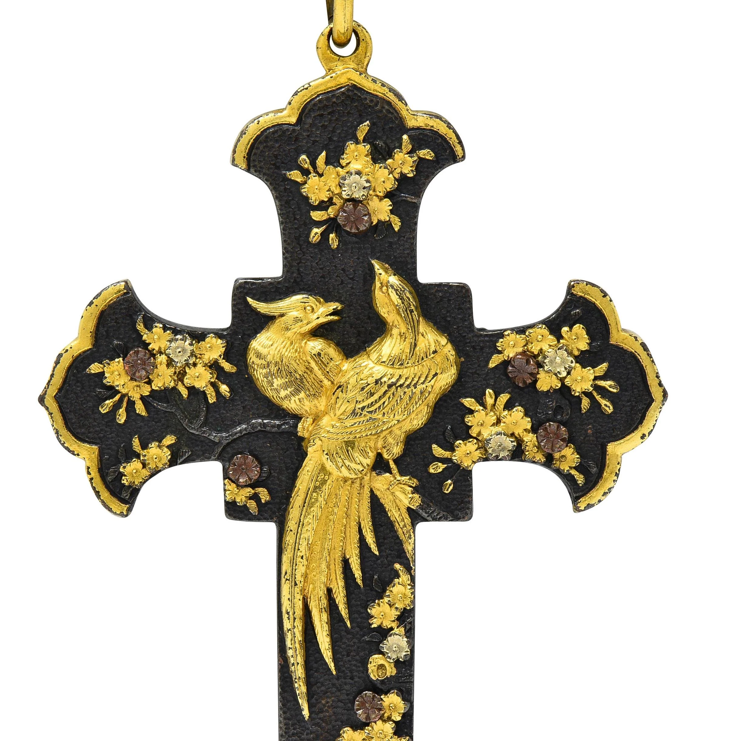 Victorian Japanese Yellow Gold Shibuichi Copper Silver Shakudo Pheasant Floral Antique Cross Pendant - Image 6