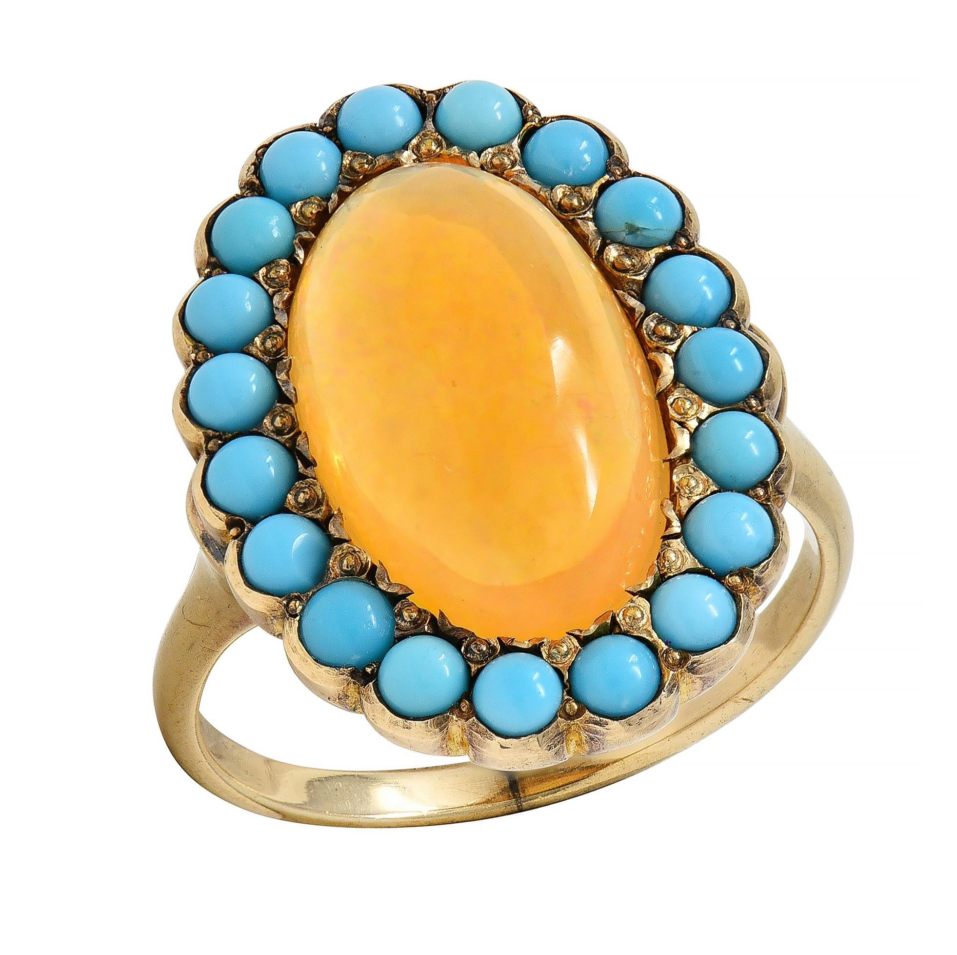 Victorian Jelly Fire Opal Turquoise 14 Karat Yellow Gold Antique Halo Ring - Image 8