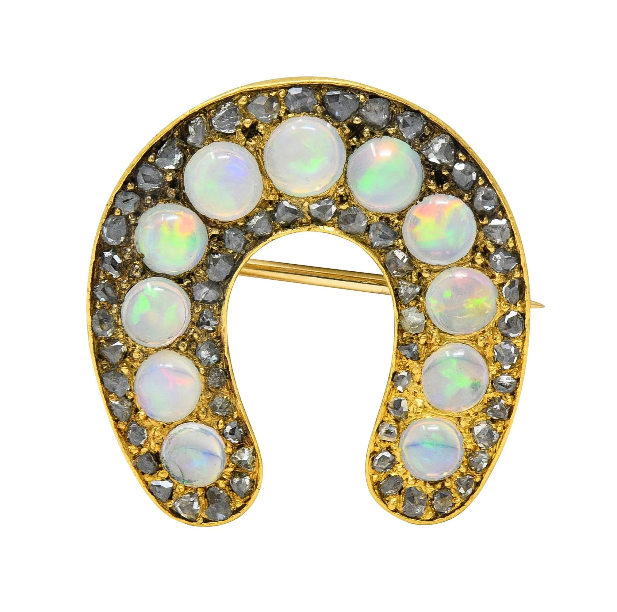 Victorian Jelly Opal Diamond 18 Karat Yellow Gold Antique Horseshoe Brooch - Image 8