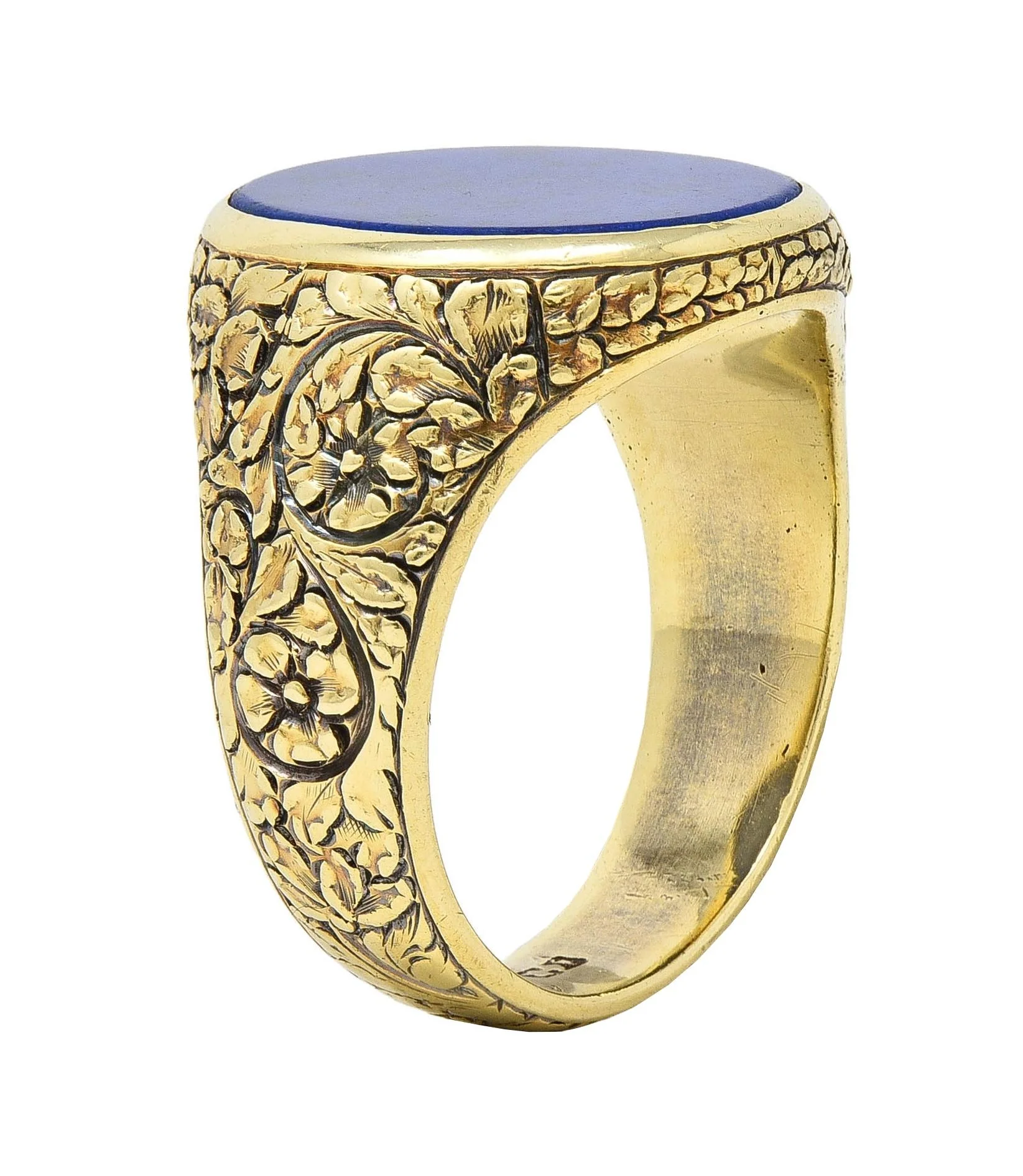 Victorian Lapis Lazuli 14 Karat Yellow Gold Floral Unisex Signet Ring - Image 3