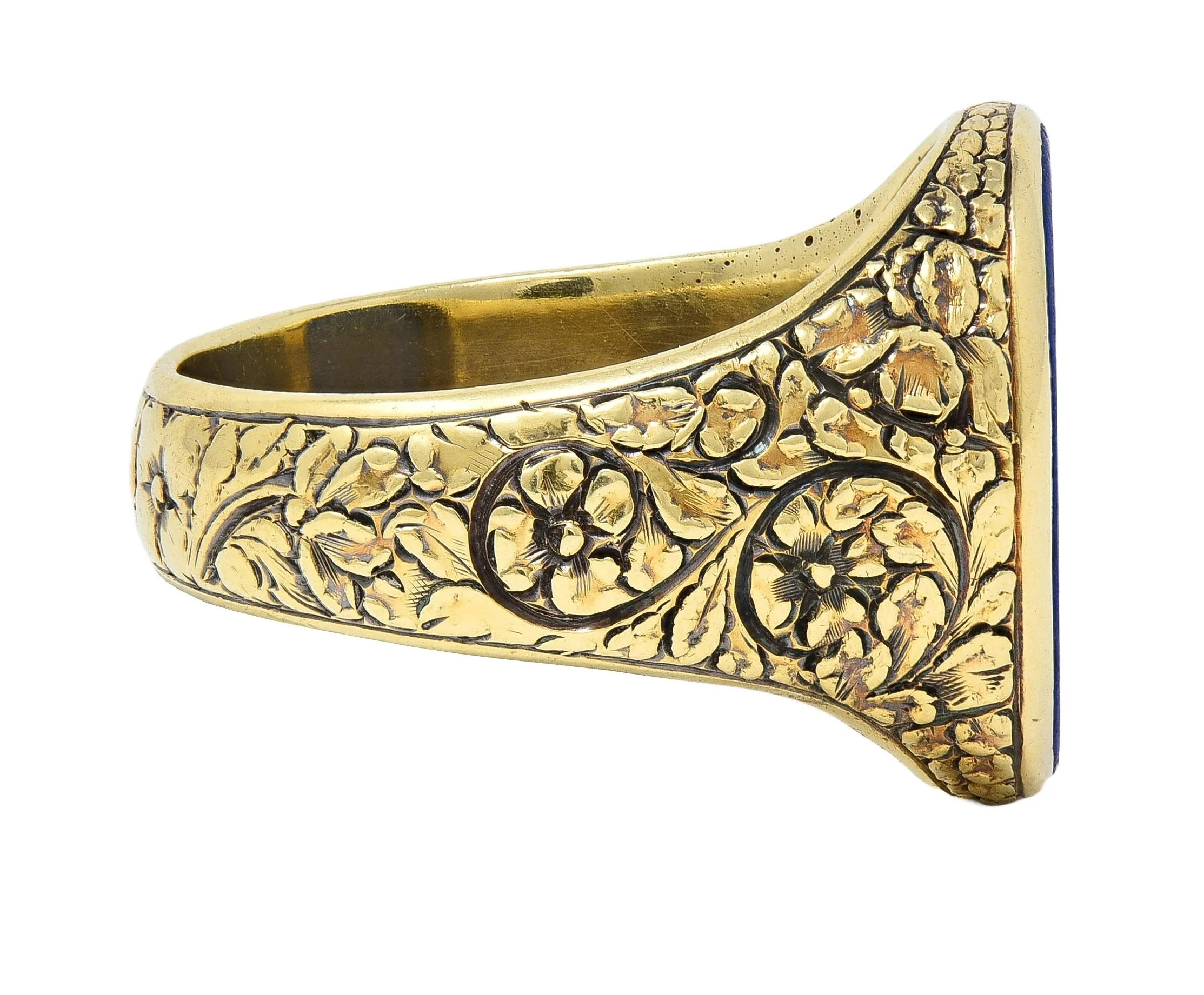 Victorian Lapis Lazuli 14 Karat Yellow Gold Floral Unisex Signet Ring - Image 4