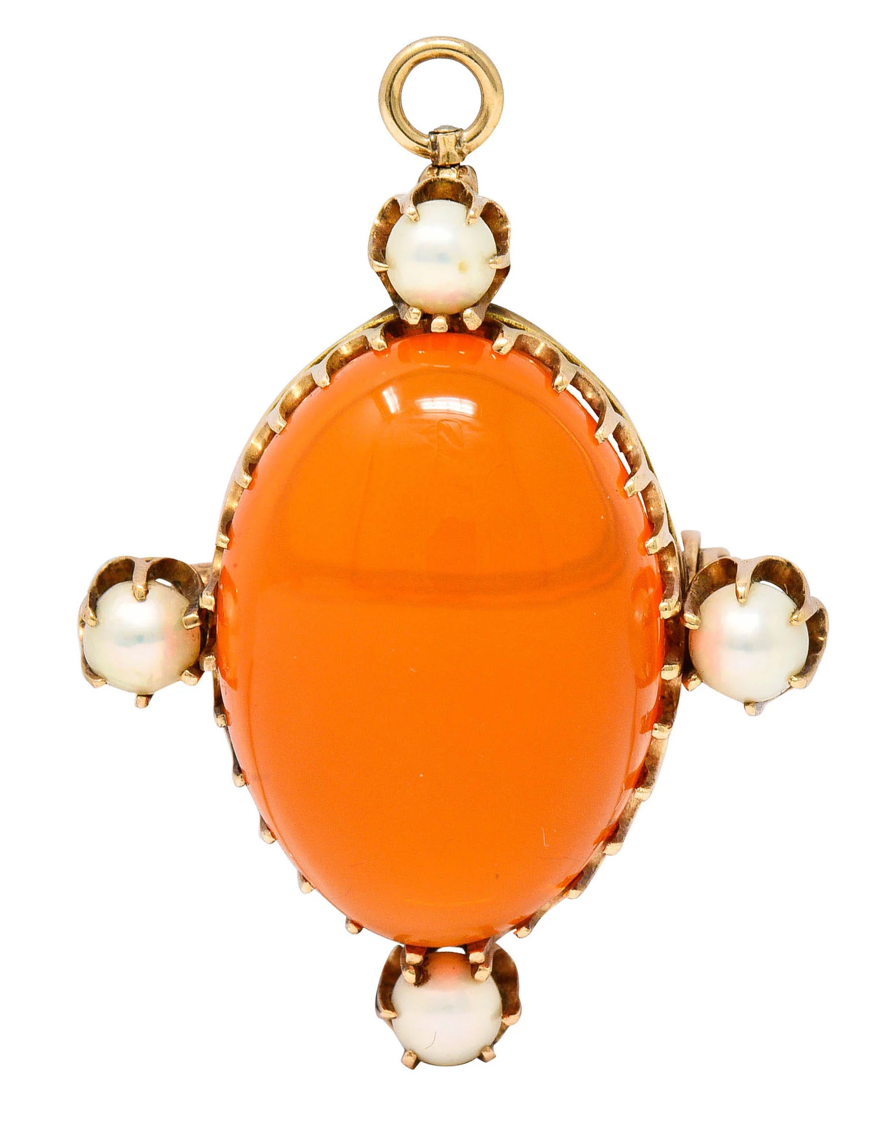Victorian Mexican Fire Opal Pearl 14 Karat Gold Cabochon Pendant Brooch