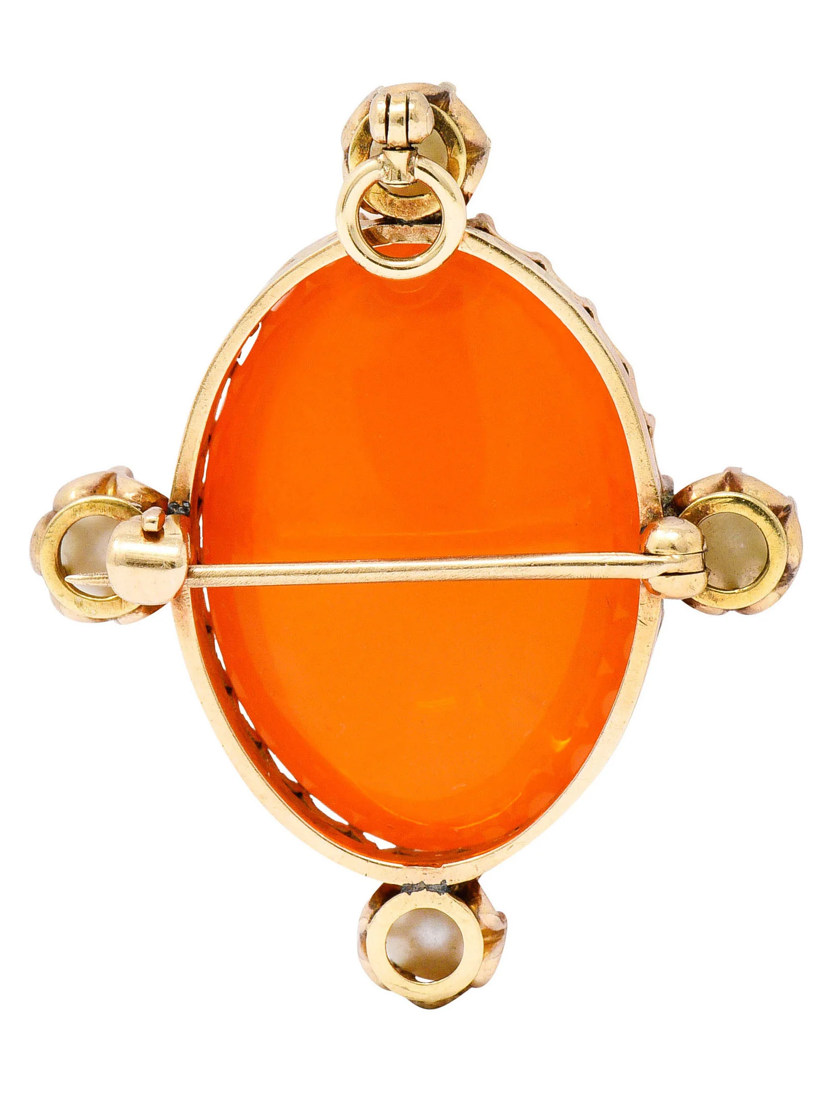 Victorian Mexican Fire Opal Pearl 14 Karat Gold Cabochon Pendant Brooch - Image 5