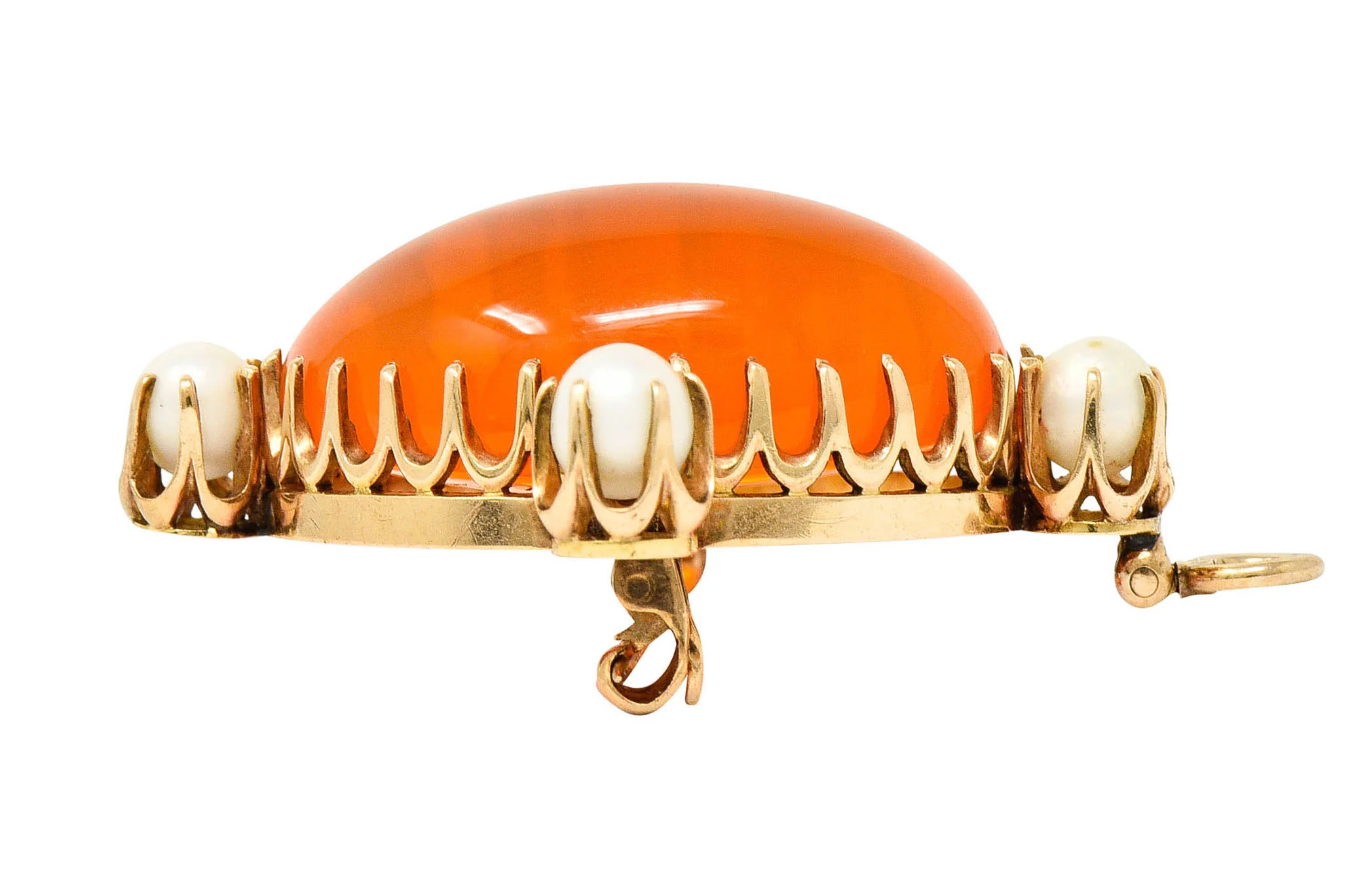 Victorian Mexican Fire Opal Pearl 14 Karat Gold Cabochon Pendant Brooch - Image 7