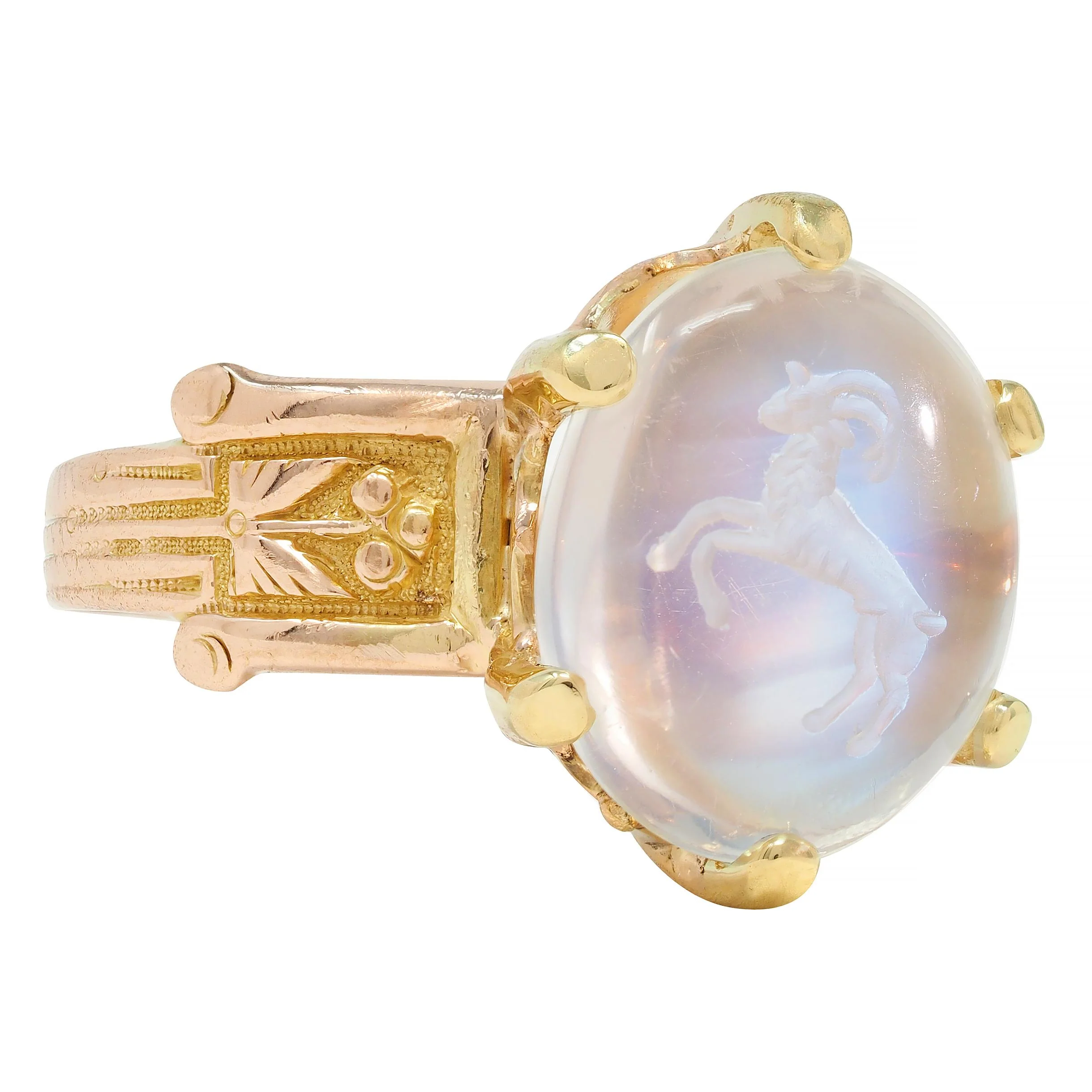Victorian Moonstone 14 Karat Yellow Gold Ram Intaglio Thistle Antique Ring - Image 3