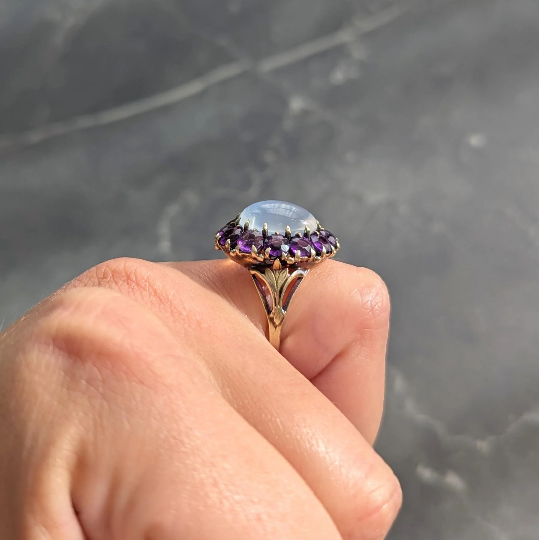 Victorian Moonstone Amethyst 14 Karat Yellow Gold Antique Fleur-De-Lis Halo Ring - Image 12