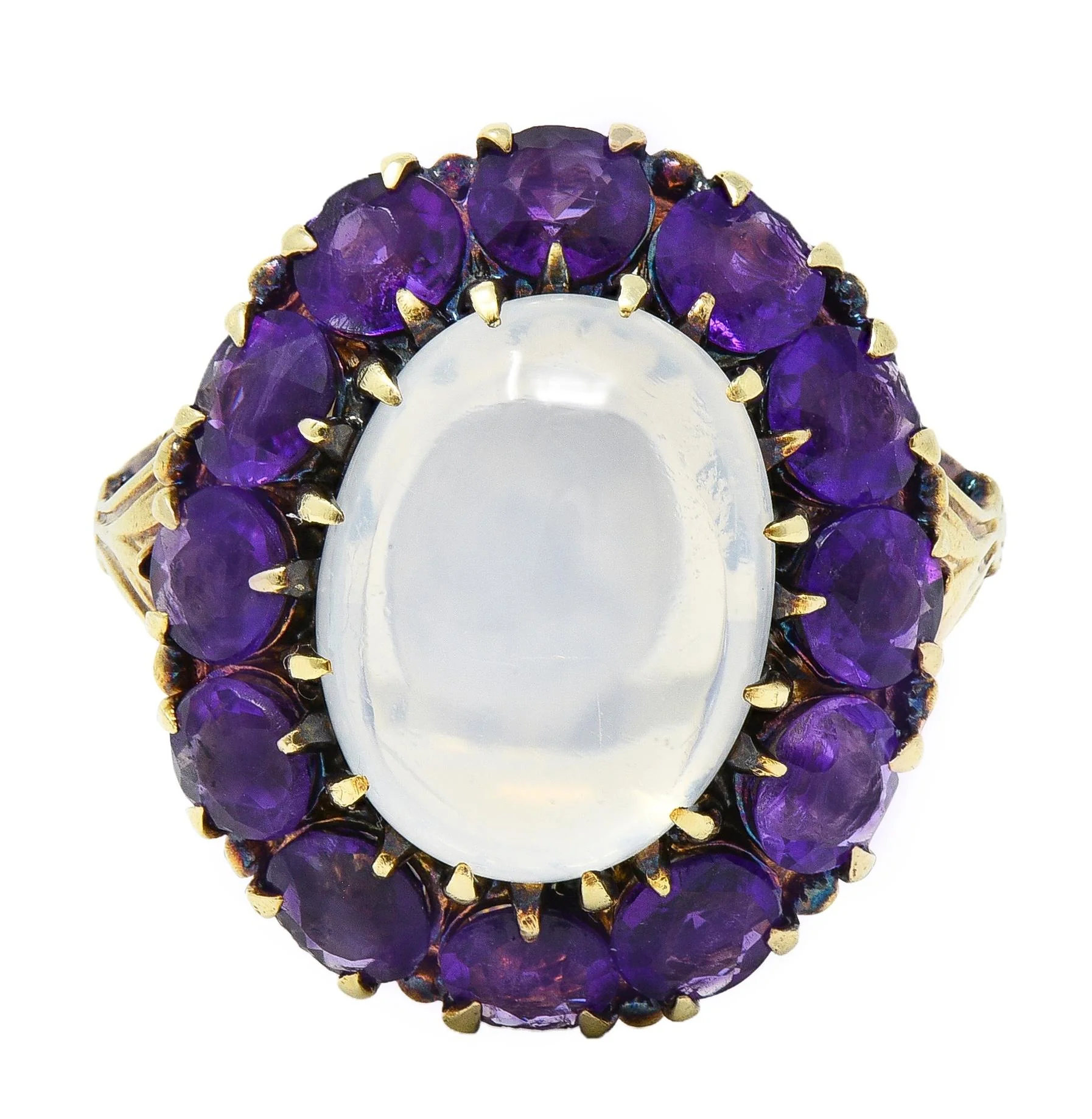 Victorian Moonstone Amethyst 14 Karat Yellow Gold Antique Fleur-De-Lis Halo Ring - Image 2