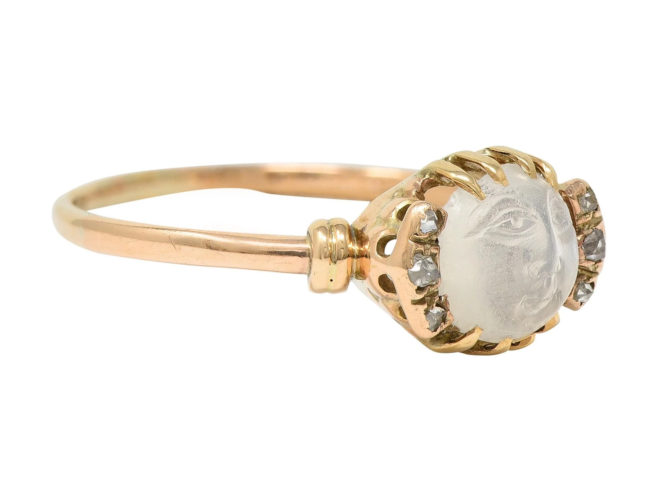 Victorian Moonstone Diamond 14 Karat Yellow Gold Man In The Moon Antique Ring - Image 2