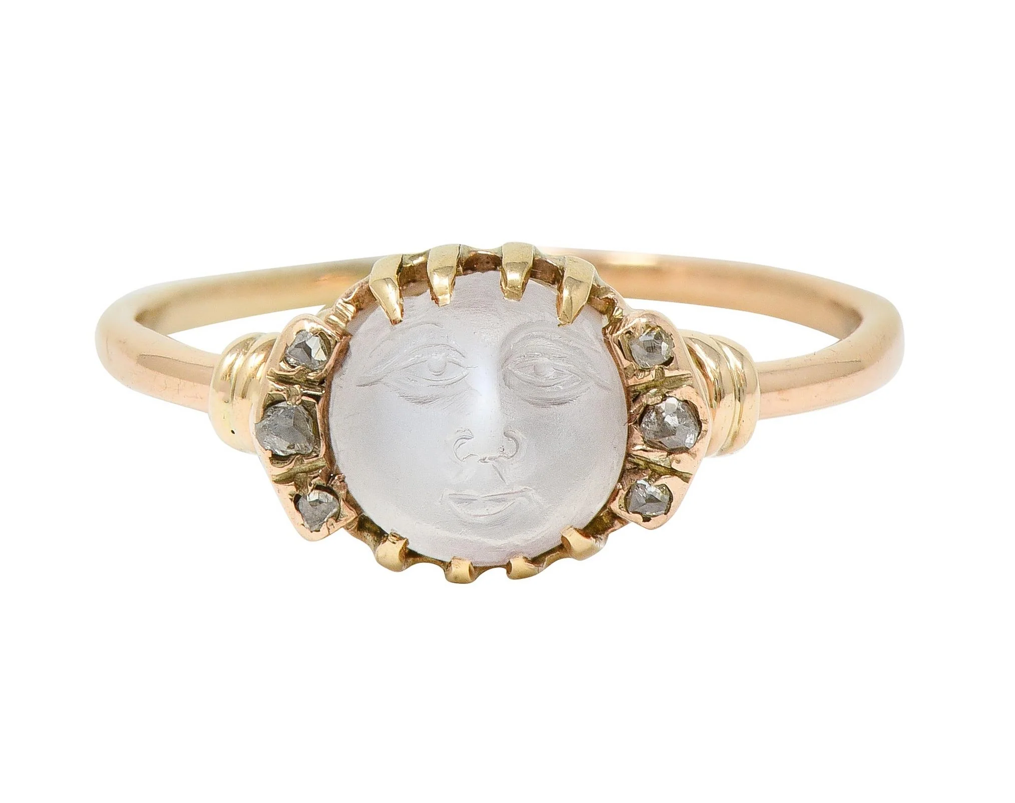 Victorian Moonstone Diamond 14 Karat Yellow Gold Man In The Moon Antique Ring - Image 4